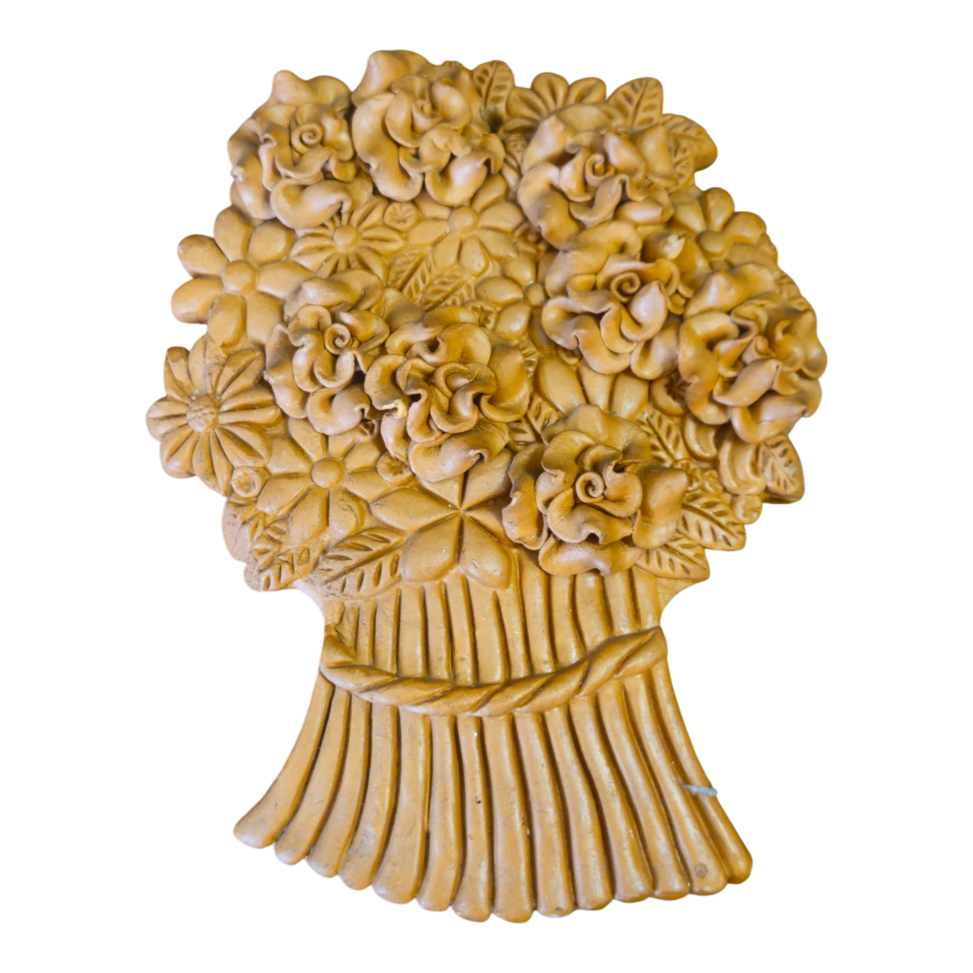 Placa Decorativa de Parede em Barro – Cesto de Flores em Relevo