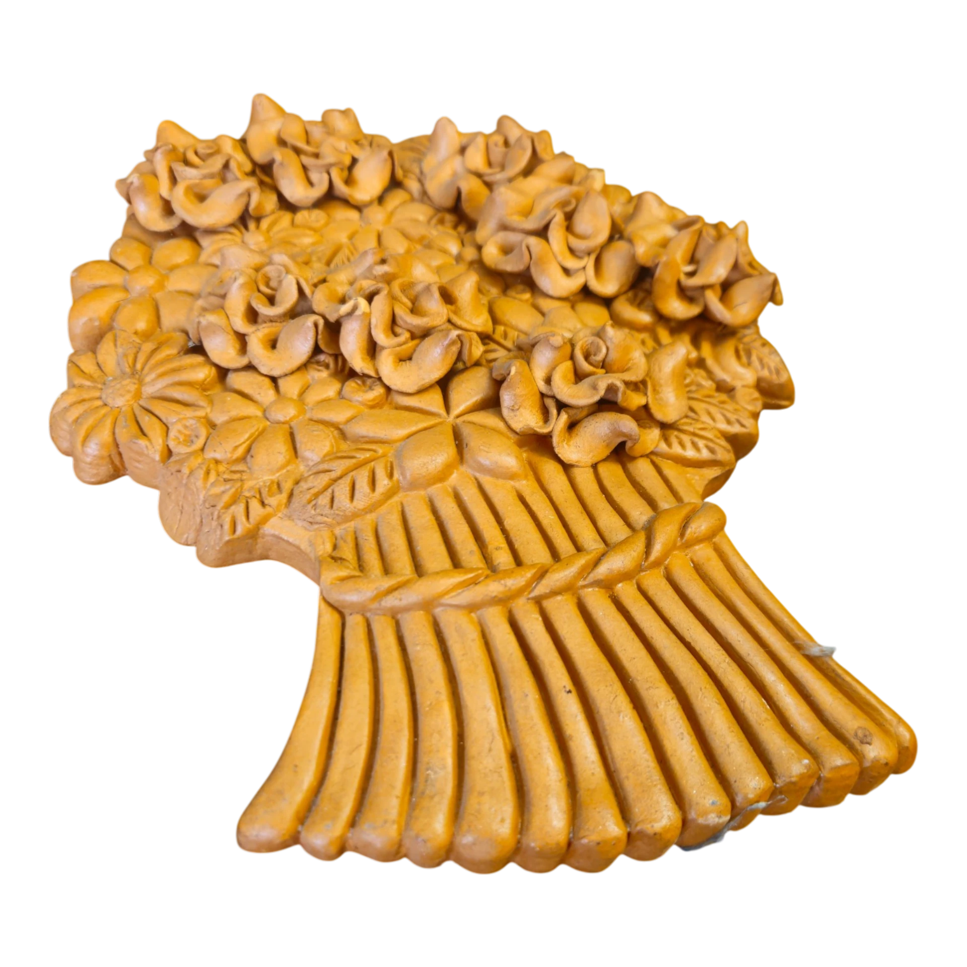 Placa Decorativa de Parede em Barro – Cesto de Flores em Relevo