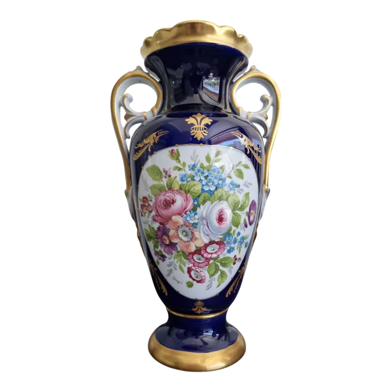 Jarra em Porcelana de Aveiro Azul Cobalto com Decoração Floral e Dourados – 35 cm