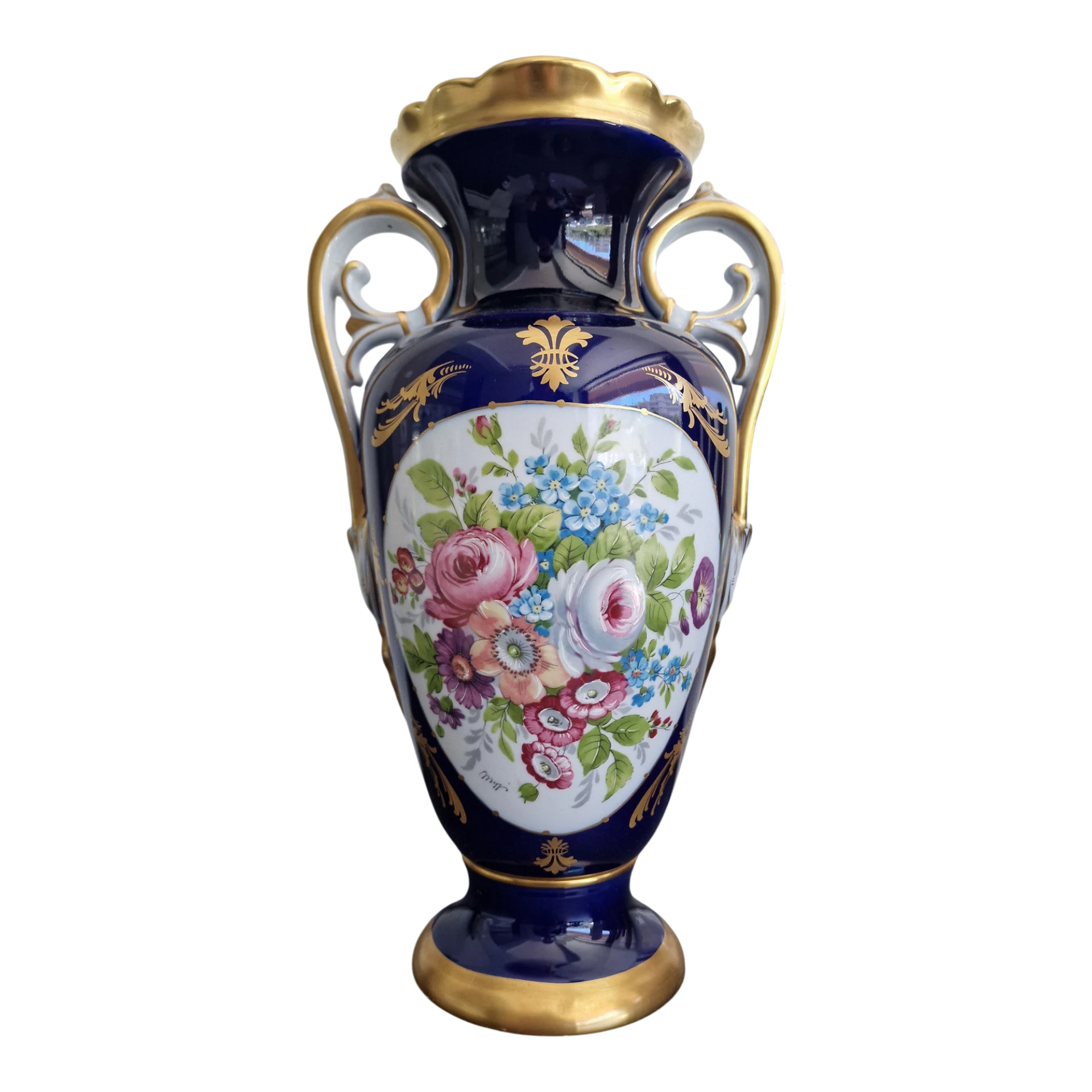 Jarra em Porcelana de Aveiro Azul Cobalto com Decoração Floral e Dourados – 35 cm