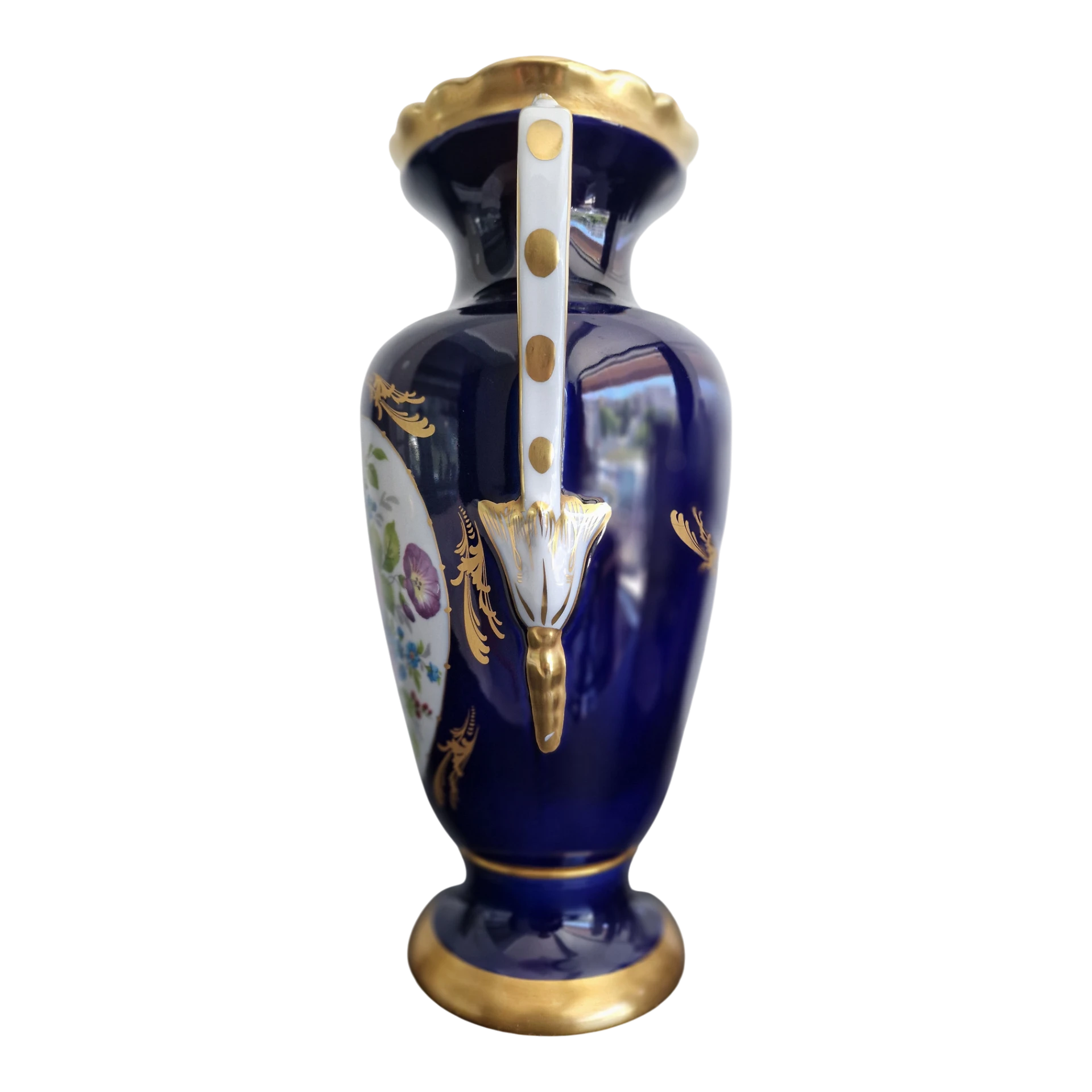 Jarra em Porcelana de Aveiro Azul Cobalto com Decoração Floral e Dourados – 35 cm
