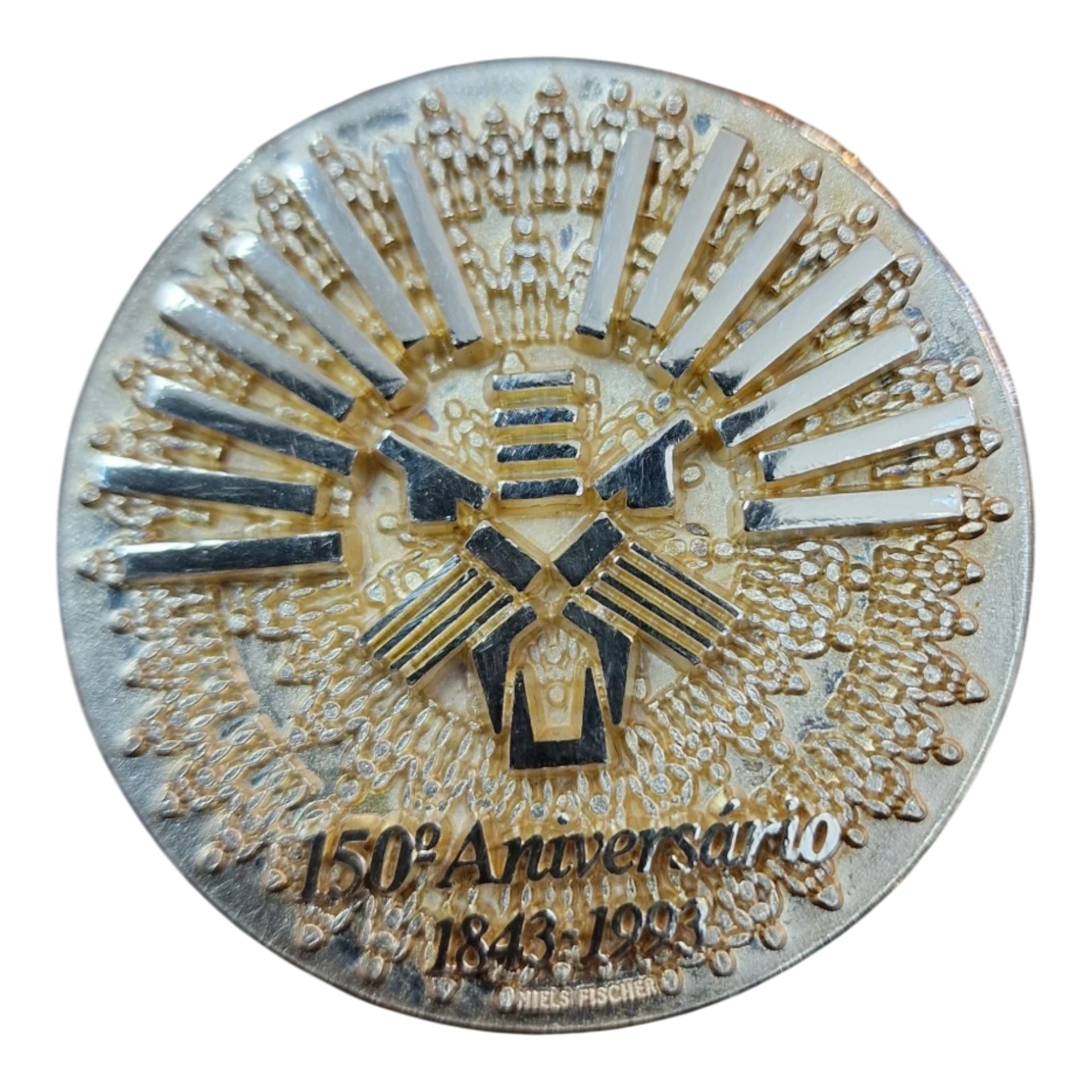 Medalha Comemorativa Banco Totta & Açores 150.º Aniversário 1843-1993 em Prata Fina 999,7 — Niels Fischer / Vasco Nuno