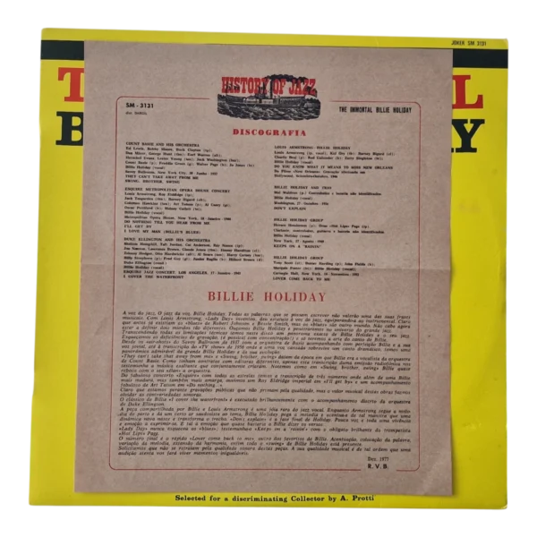 Billie Holiday – The Immortal Billie Holiday | LP Vinyl History Of Jazz Joker SM 3131 Portugal 1977