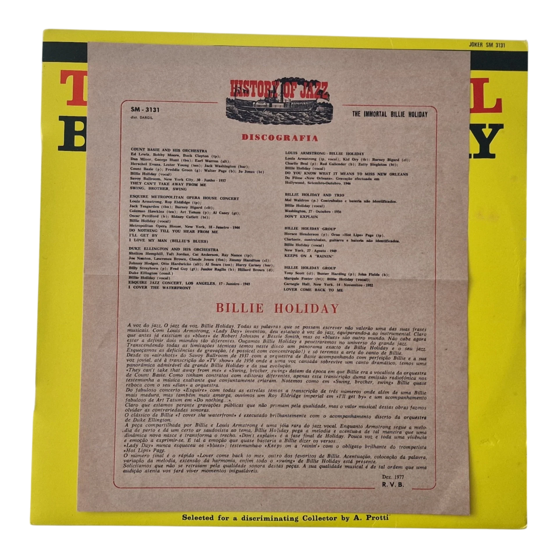 Billie Holiday – The Immortal Billie Holiday | LP Vinyl History Of Jazz Joker SM 3131 Portugal 1977