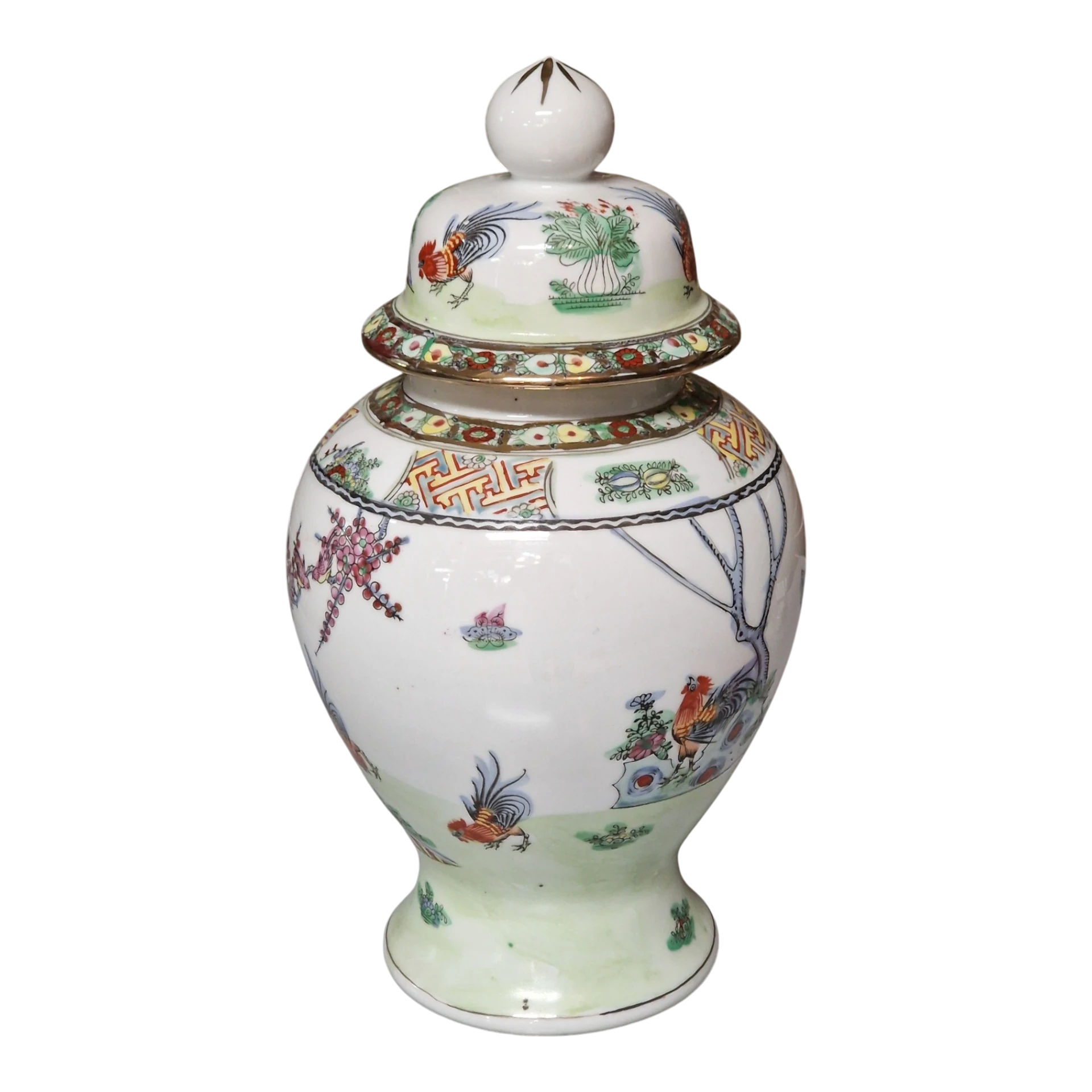 Jarra com Tampa em Porcelana de Macau Pintada à Mão com Motivos Orientais