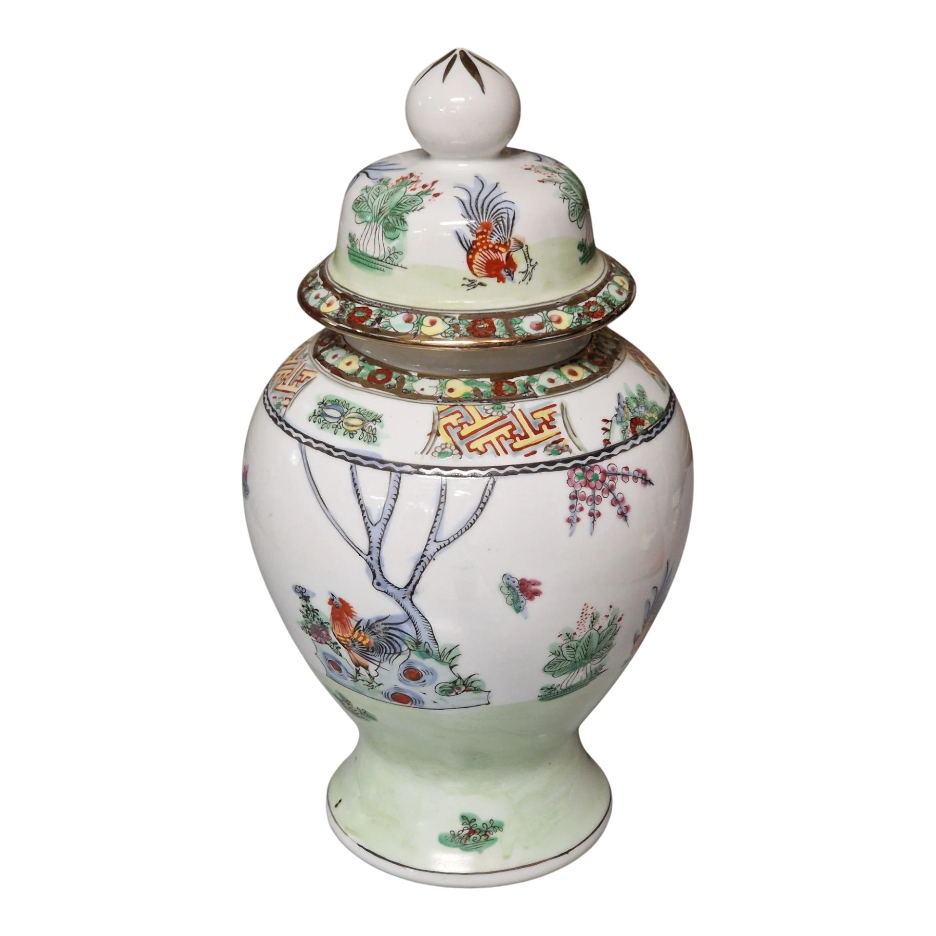 Jarra com Tampa em Porcelana de Macau Pintada à Mão com Motivos Orientais