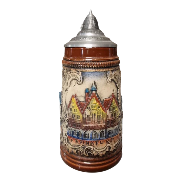 Caneca de cerveja alemã em cerâmica com tampa em estanho