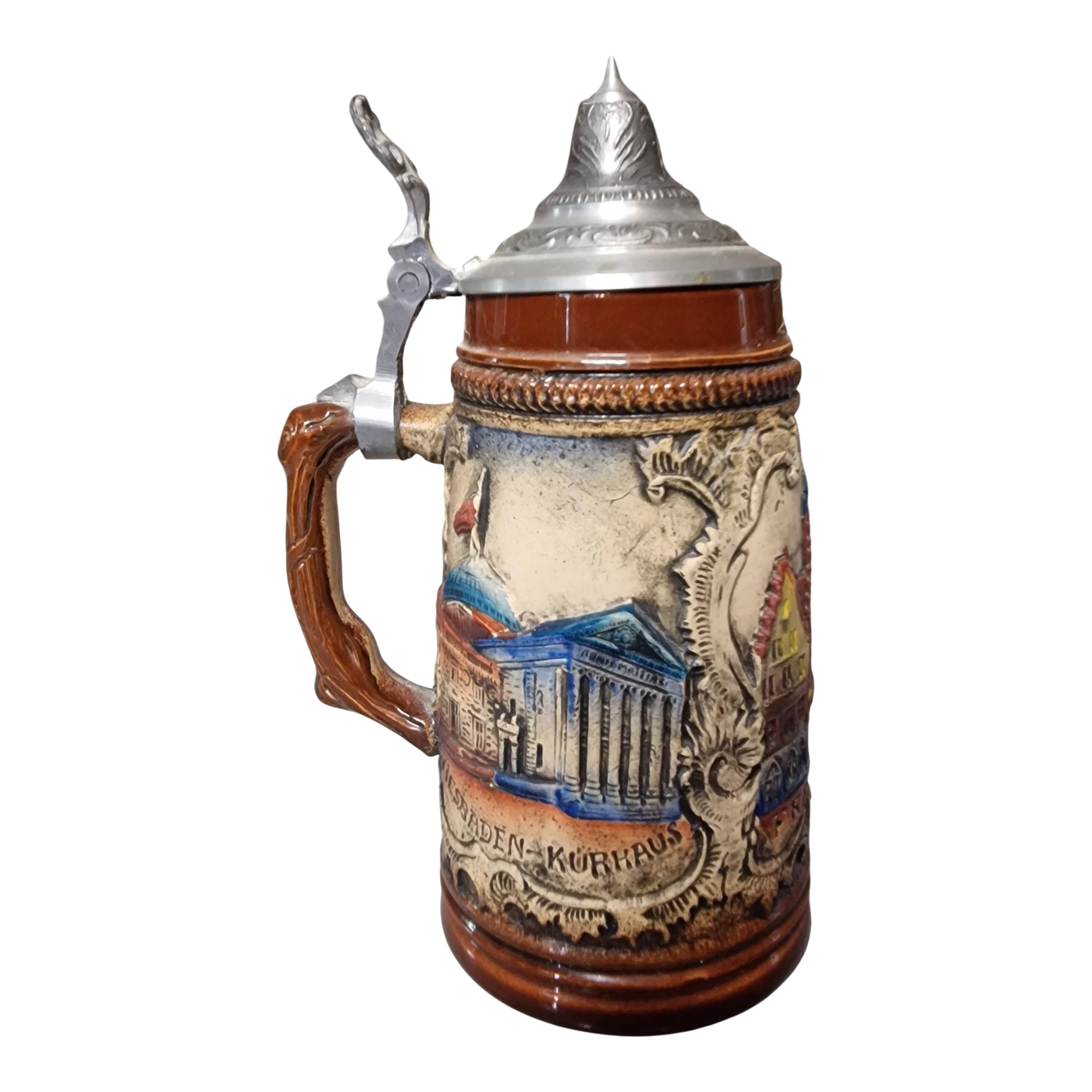 Caneca de cerveja alemã em cerâmica com tampa em estanho