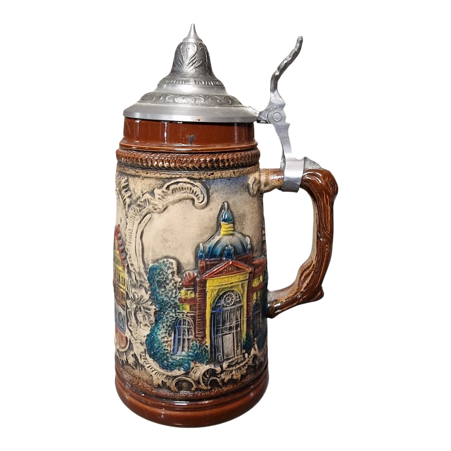 Caneca de cerveja alemã em cerâmica com tampa em estanho