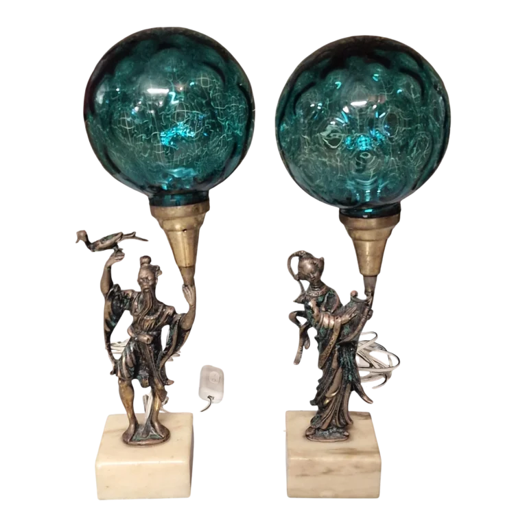 Par de Candeeiros Orientais em Bronze com Globos de Vidro Azul