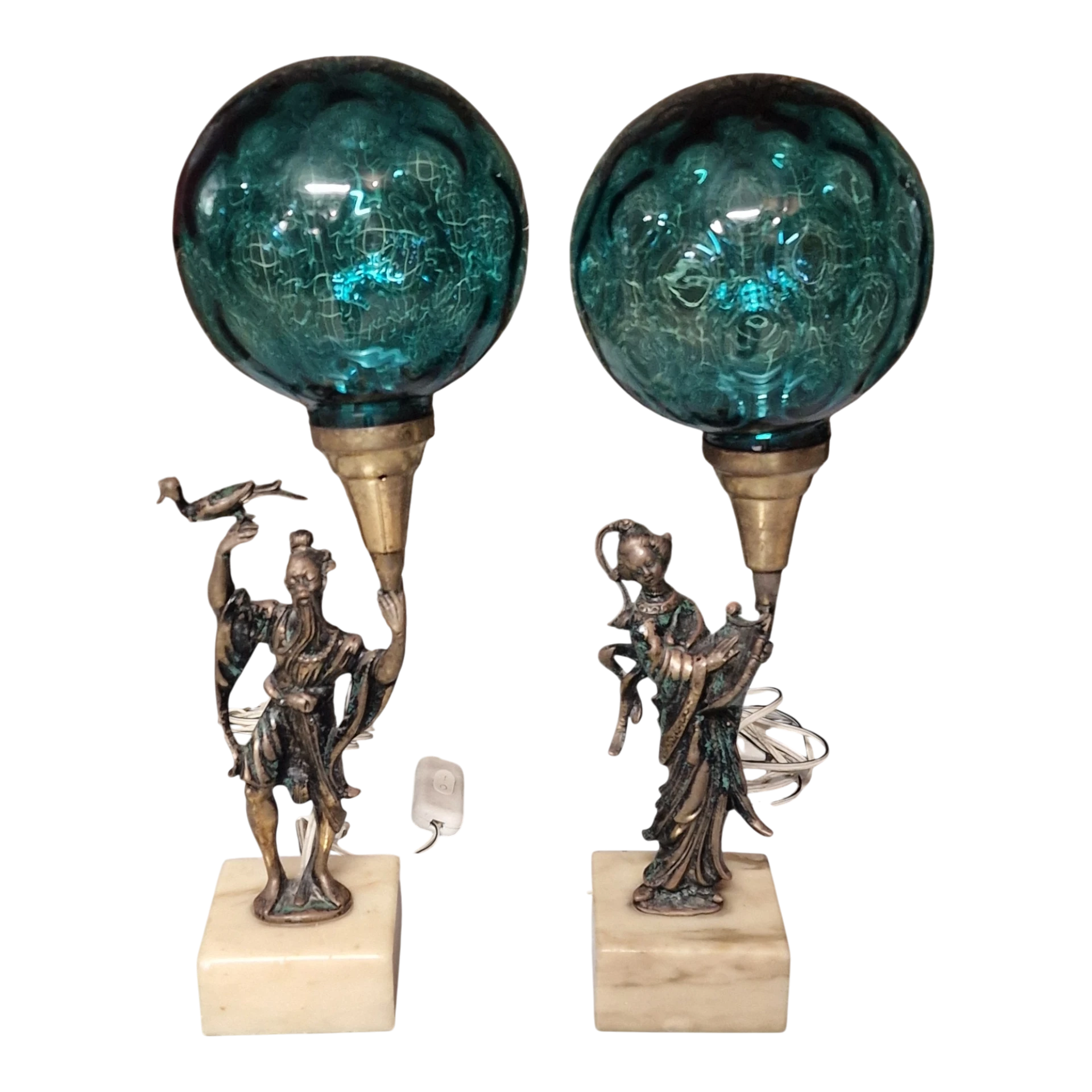 Par de Candeeiros Orientais em Bronze com Globos de Vidro Azul
