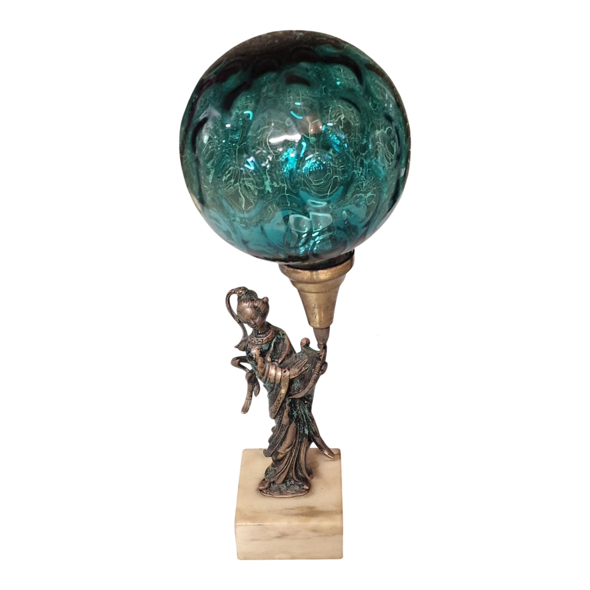 Par de Candeeiros Orientais em Bronze com Globos de Vidro Azul