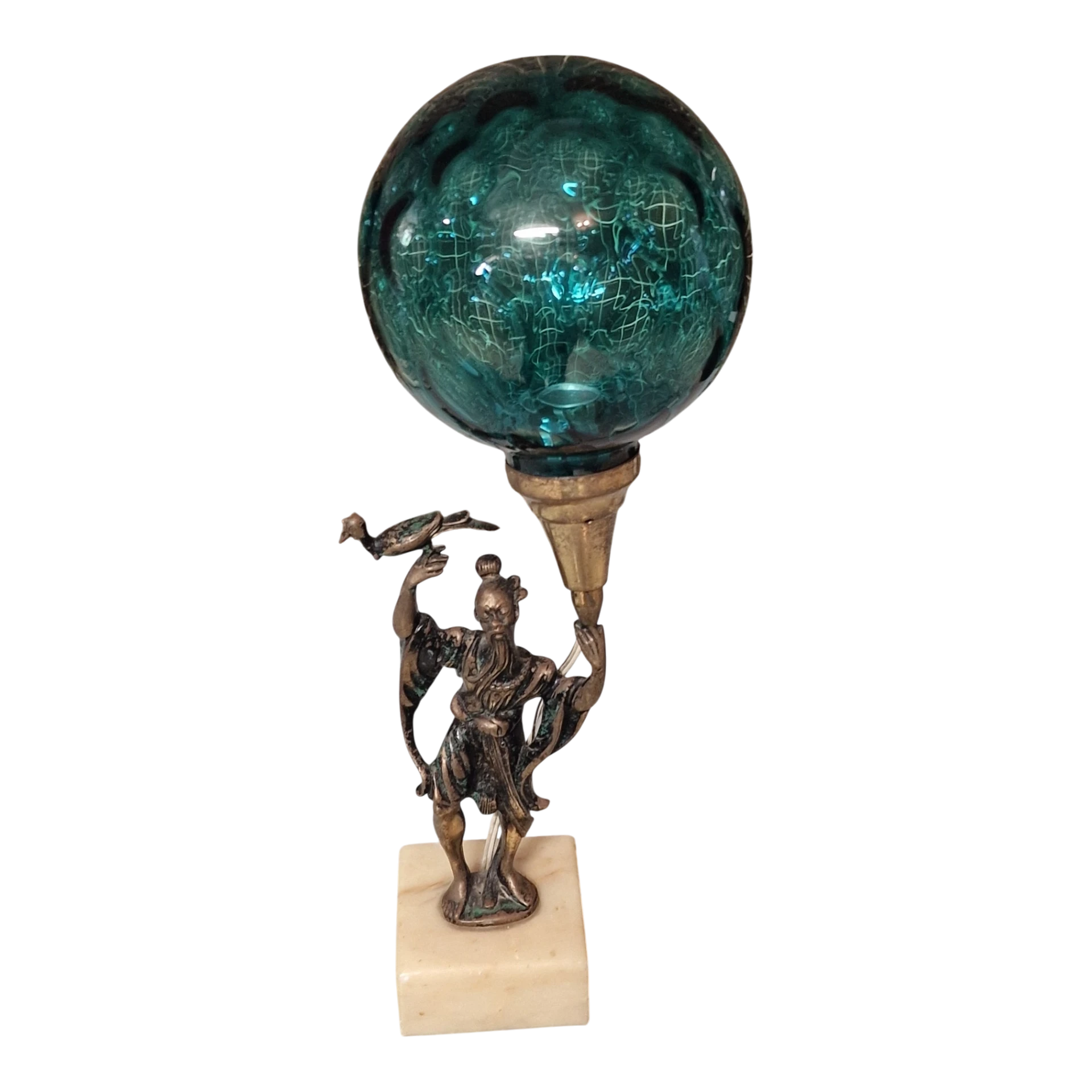 Par de Candeeiros Orientais em Bronze com Globos de Vidro Azul