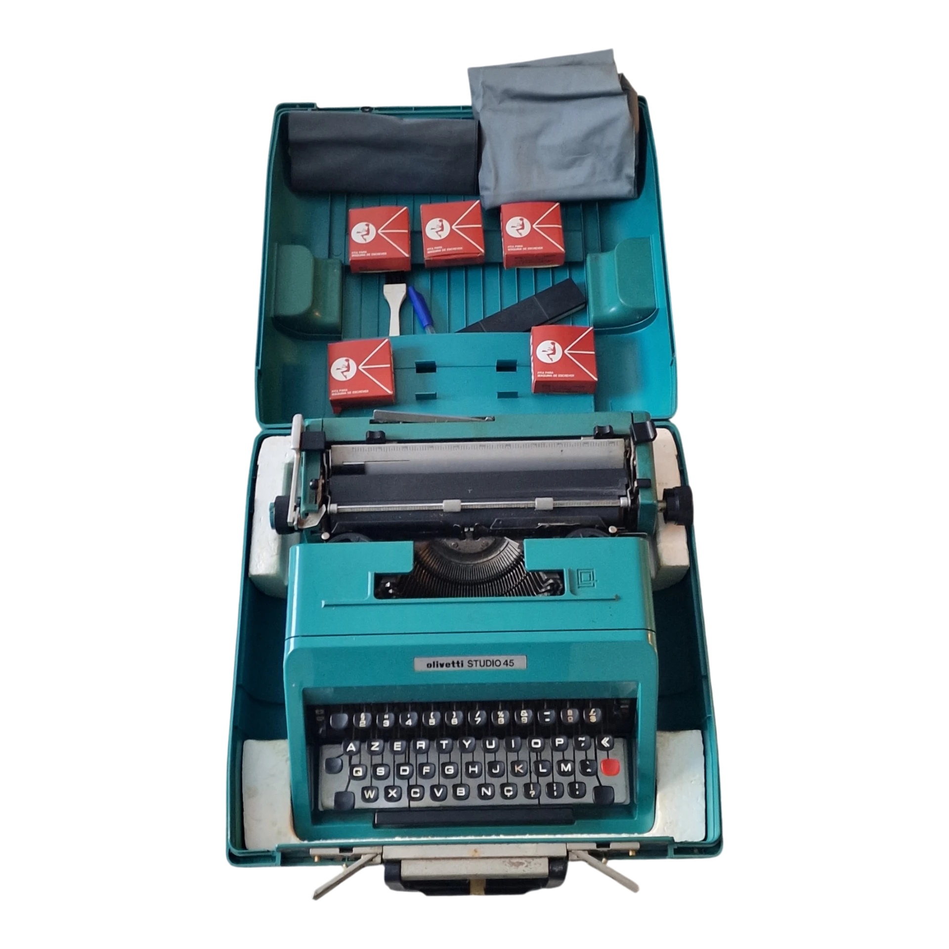 Máquina de Escrever Olivetti Studio 45 Vintage com Mala Original – Anos 60/70 – Azul Turquesa