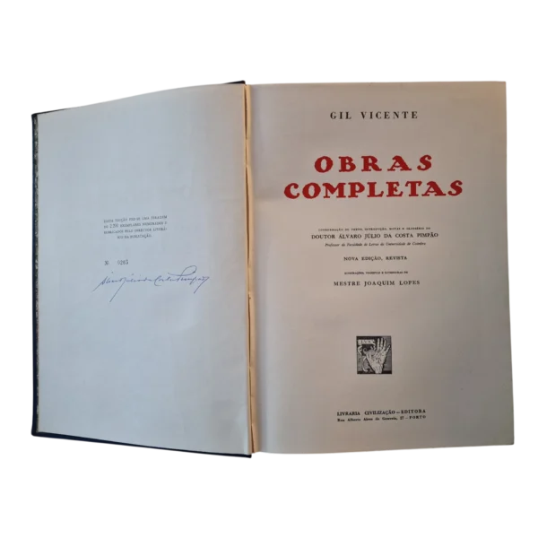 Obras Completas de Gil Vicente – Edição Artística Numerada – Livraria Civilização Editora – 1962