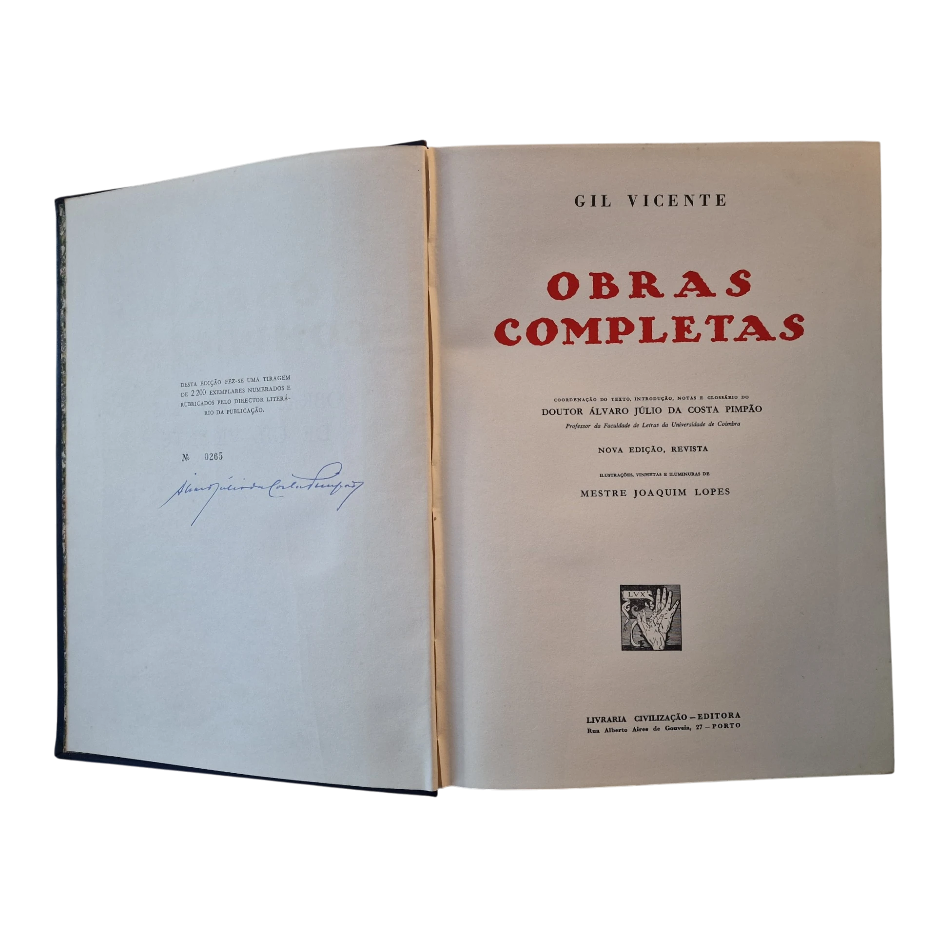 Obras Completas de Gil Vicente – Edição Artística Numerada – Livraria Civilização Editora – 1962