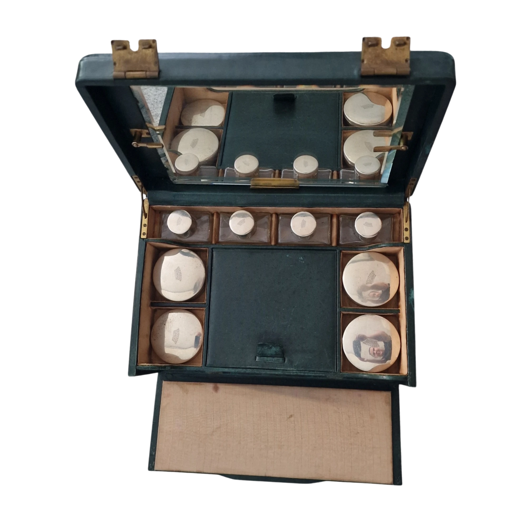 Necessaire Vintage em Pele, Latão e Prata com Frascos Originais