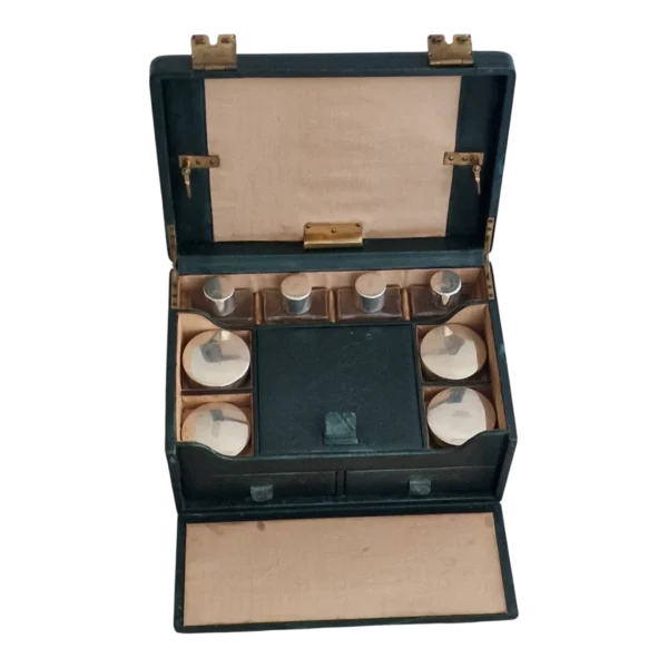 Necessaire Vintage em Pele, Latão e Prata com Frascos Originais