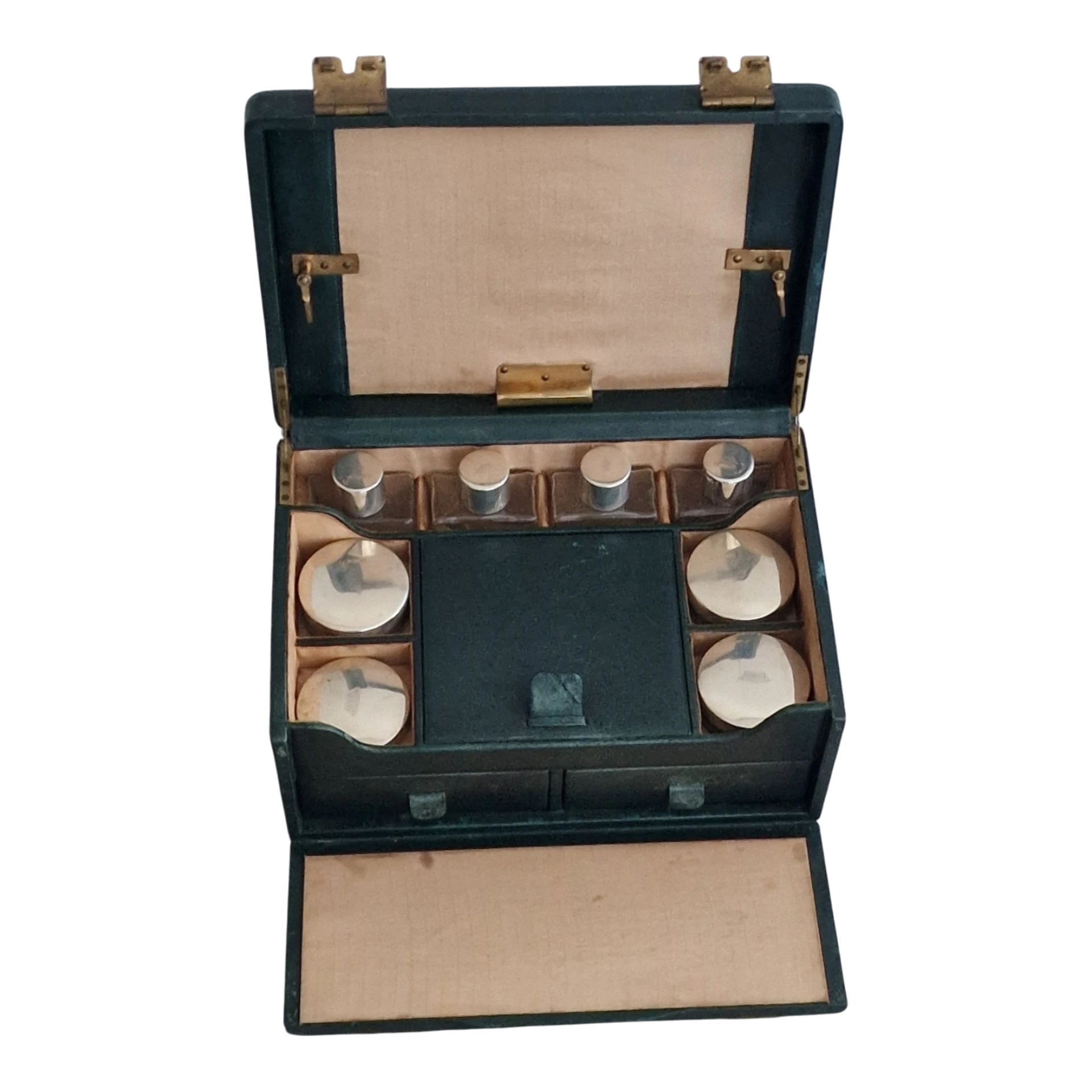 Necessaire Vintage em Pele, Latão e Prata com Frascos Originais