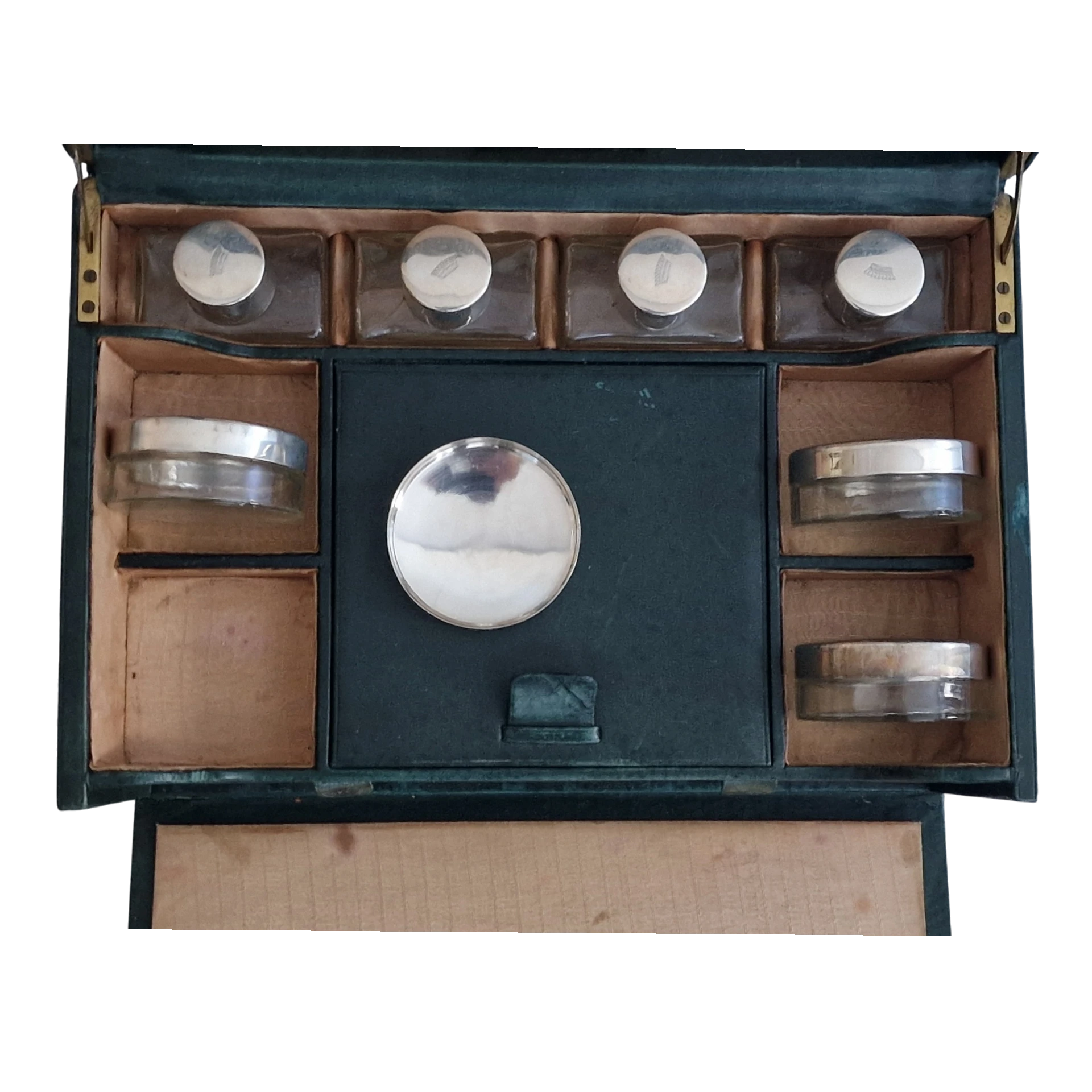 Necessaire Vintage em Pele, Latão e Prata com Frascos Originais