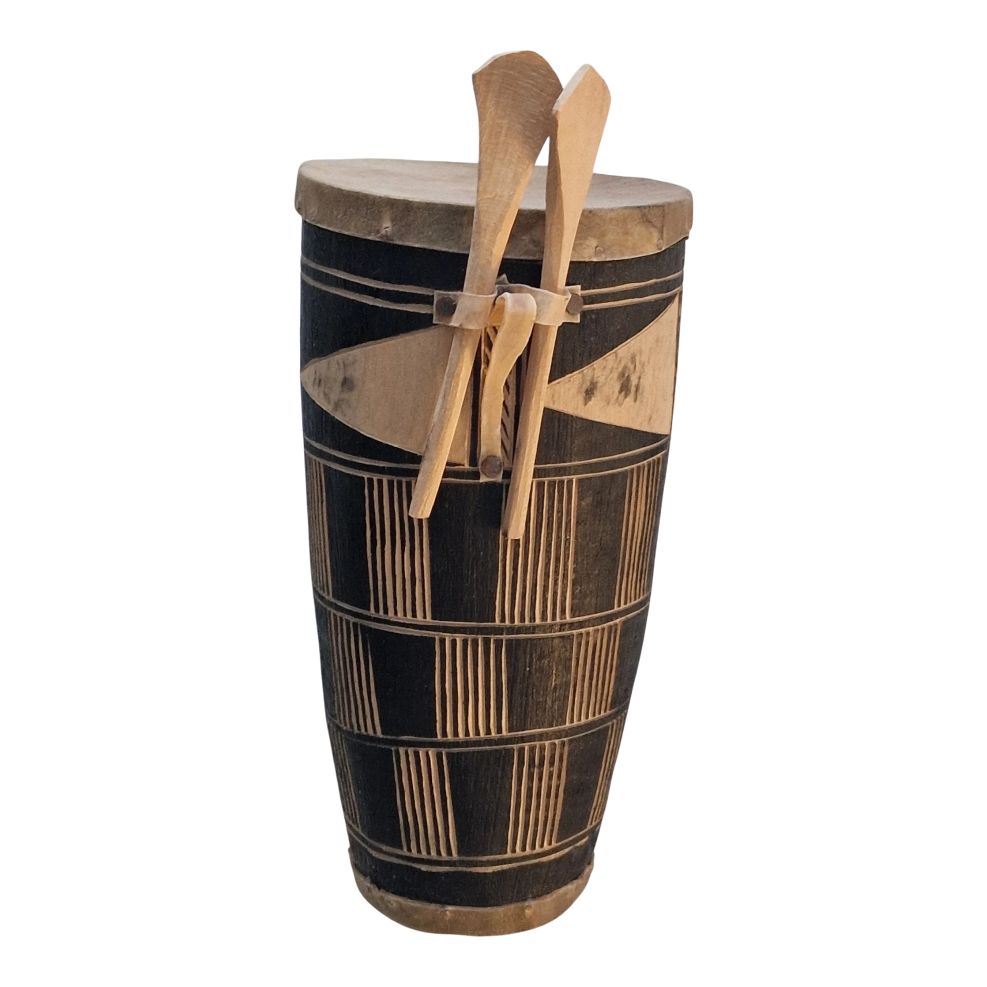 Tambor Decorativo em Madeira Entalhada com Pele e Baquetas 17 cm — inspiração africana, séc. XX
