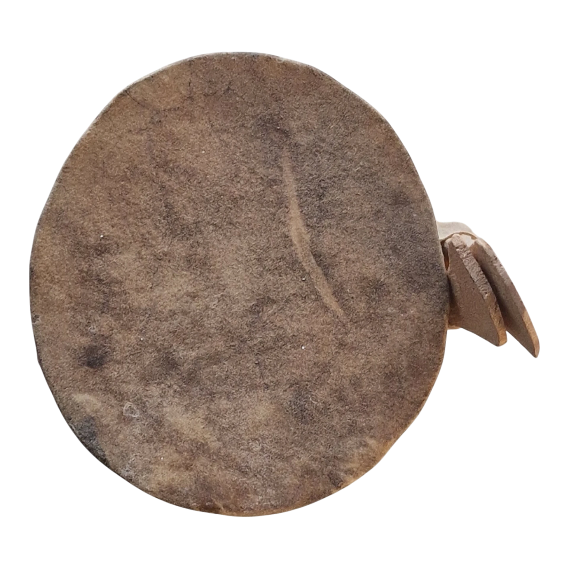 Tambor Decorativo em Madeira Entalhada com Pele e Baquetas 17 cm — inspiração africana, séc. XX