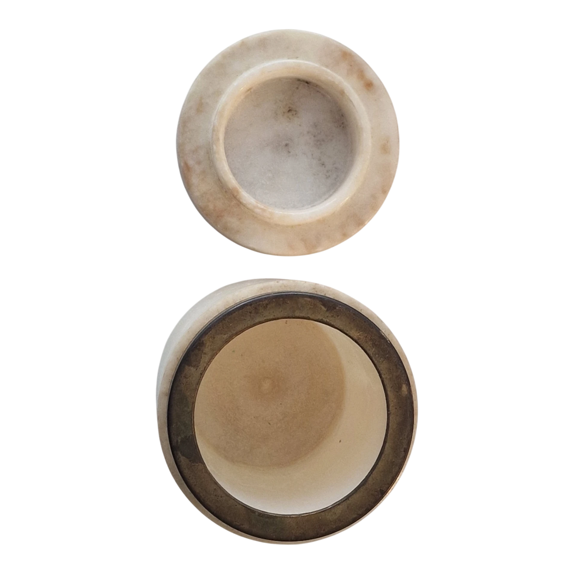 Caixa Cilíndrica em Mármore Branco com Aro Metálico 11 cm — séc. XX