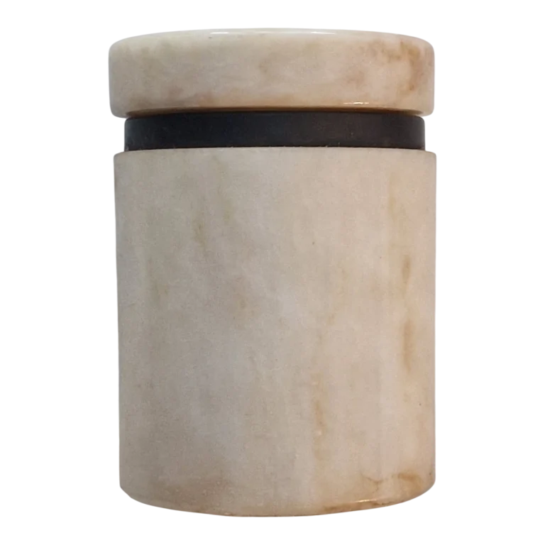 Caixa Cilíndrica em Mármore Branco com Aro Metálico 11 cm — séc. XX