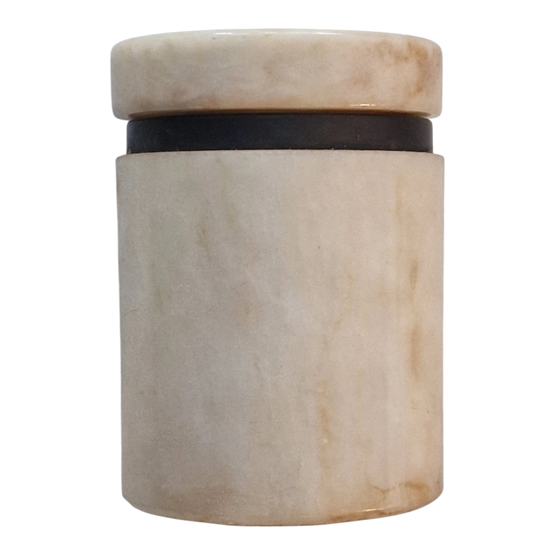 Caixa Cilíndrica em Mármore Branco com Aro Metálico 11 cm — séc. XX
