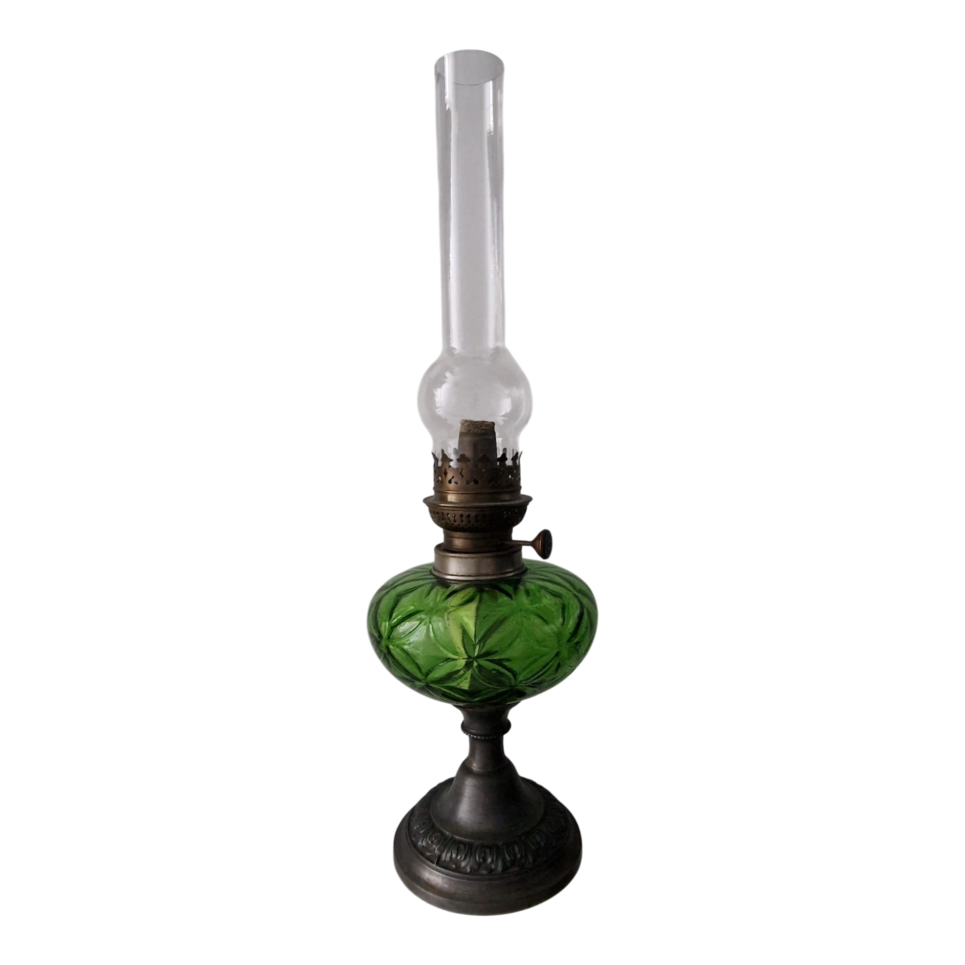 Candeeiro a Petróleo Antigo “Déposé” em Vidro Verde Moldado – França/Bélgica, c. 1890-1920