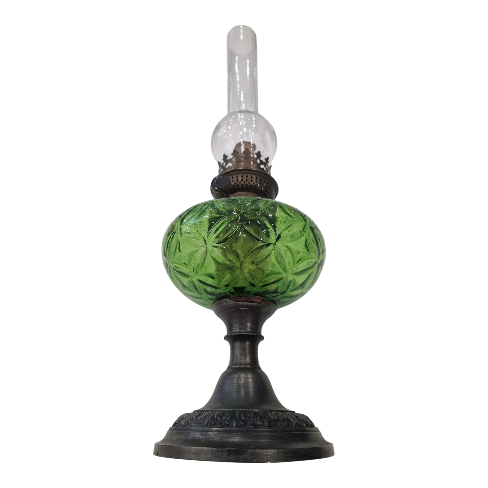 Candeeiro a Petróleo Antigo “Déposé” em Vidro Verde Moldado – França/Bélgica, c. 1890-1920