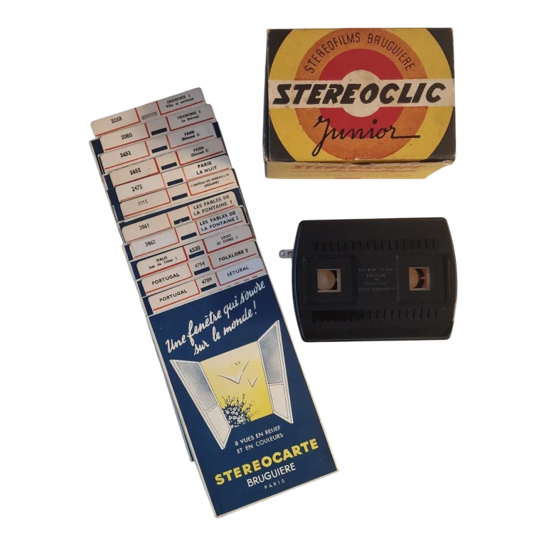 Conjunto Estereoscópico Vintage “Stereoclic Junior” com Estereocartes Bruguière Paris — França, c. 1950-1960