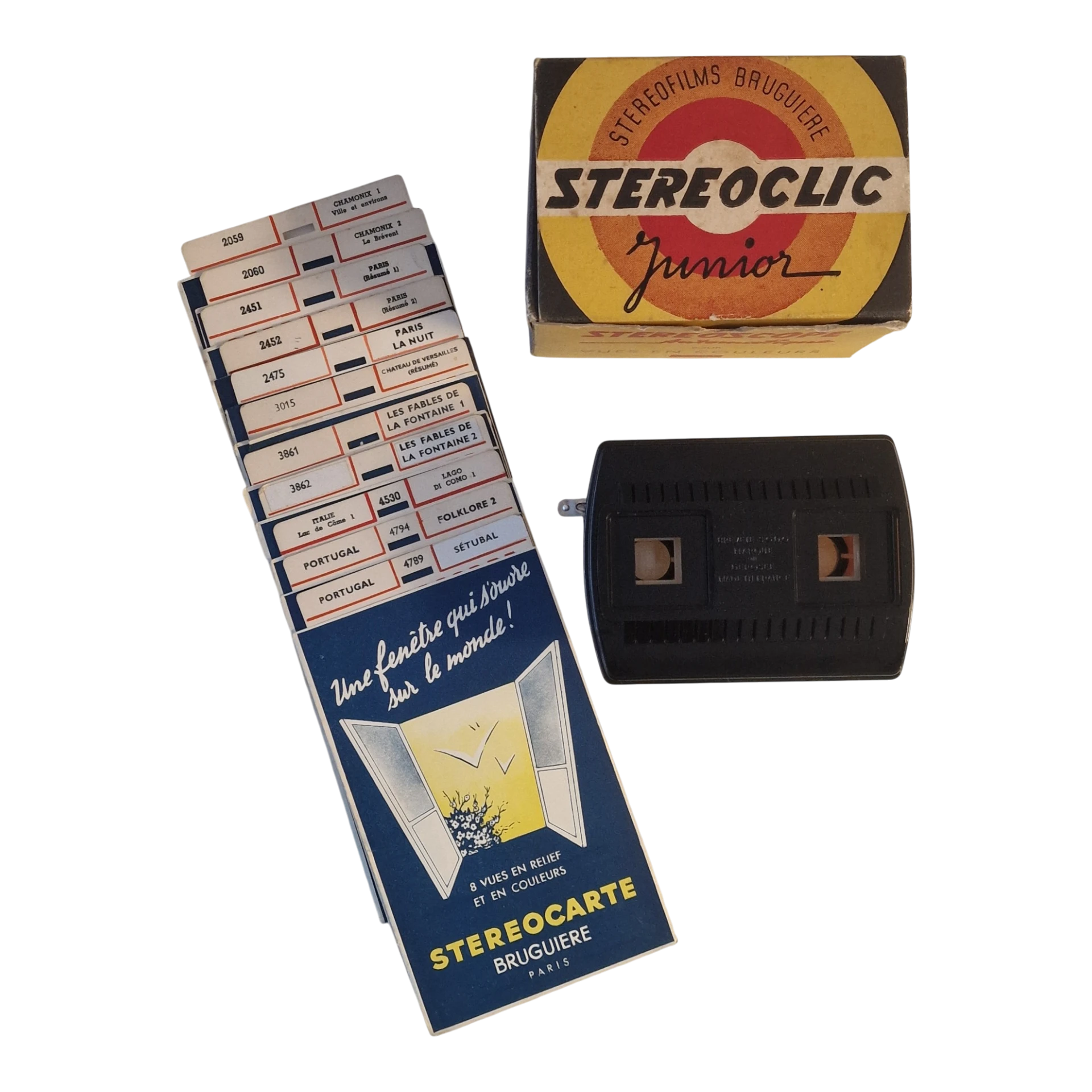 Conjunto Estereoscópico Vintage “Stereoclic Junior” com Estereocartes Bruguière Paris — França, c. 1950-1960