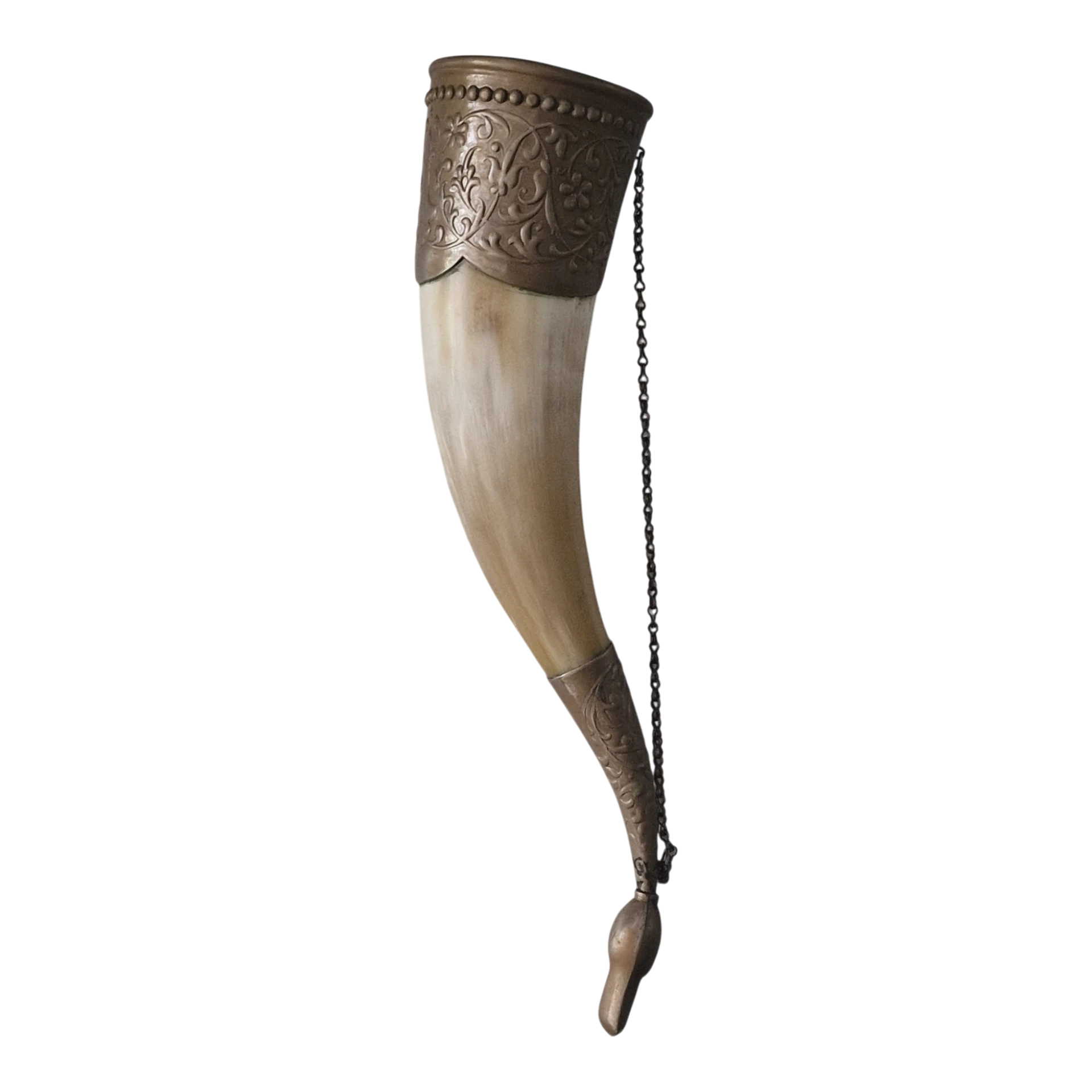 Corno de Beber Ornamental em Chifre Natural e Prata 800 24,5 cm — Europa Central, c. 1890-1930