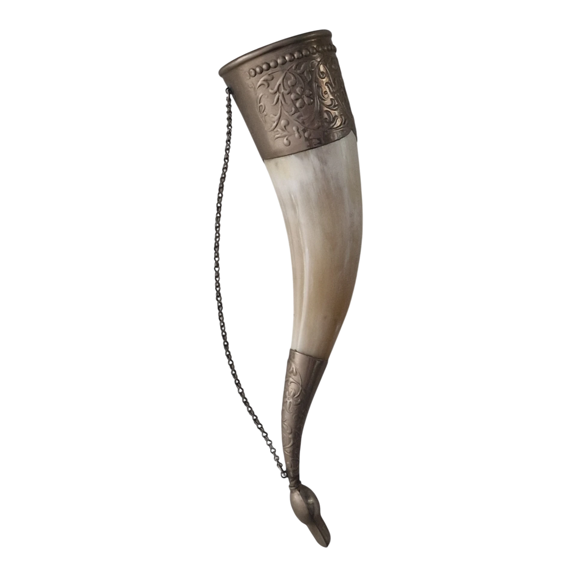 Corno de Beber Ornamental em Chifre Natural e Prata 800 24,5 cm — Europa Central, c. 1890-1930