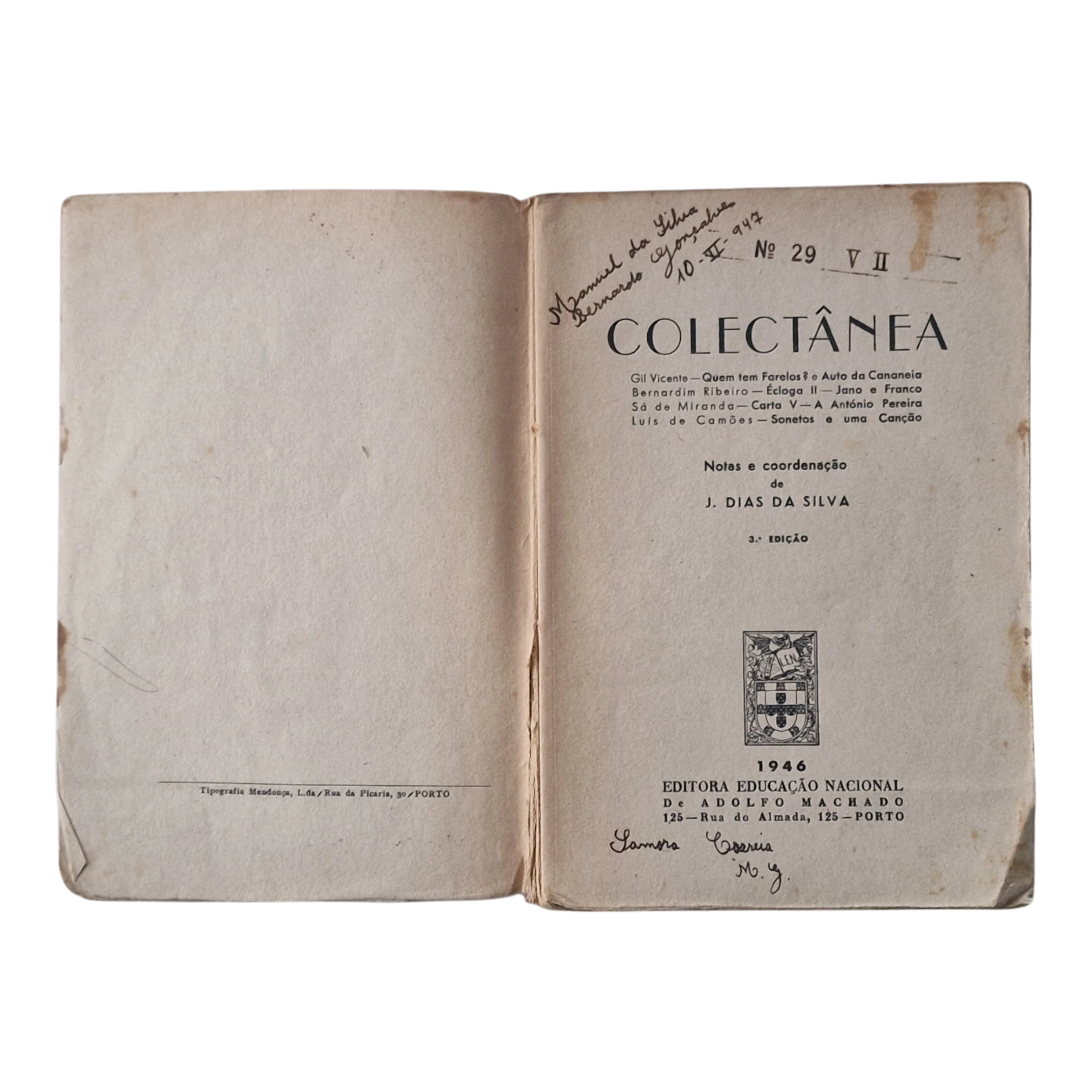 Colectânea Escolar – Gil Vicente, Bernardim Ribeiro, Sá de Miranda e Luís de Camões – 1947