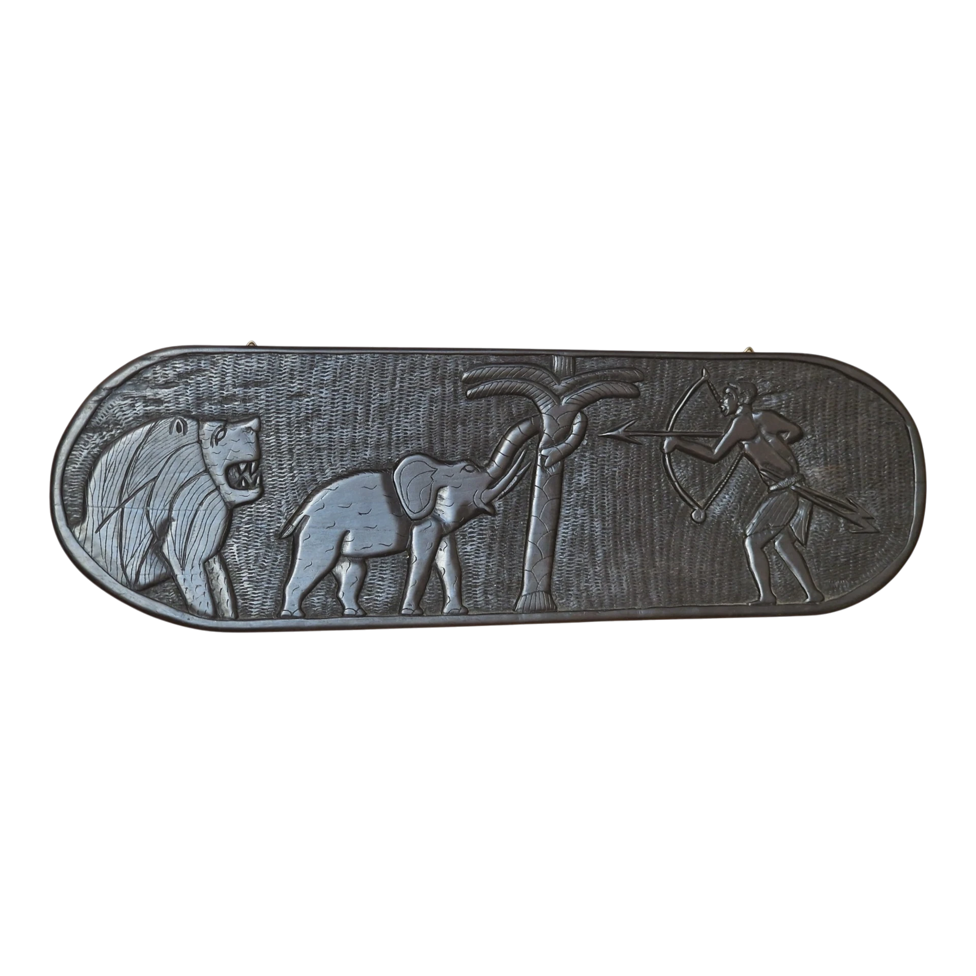 Painel Africano em Madeira Escura Tipo Pau-Preto Esculpido à Mão – 52,5 x 16 cm – 846 g