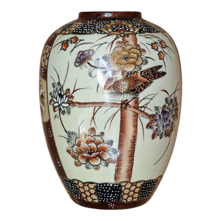 Jarra Japonesa Estilo Satsuma Pintada à Mão com Ave e Flores – 26 cm, 1,890 kg