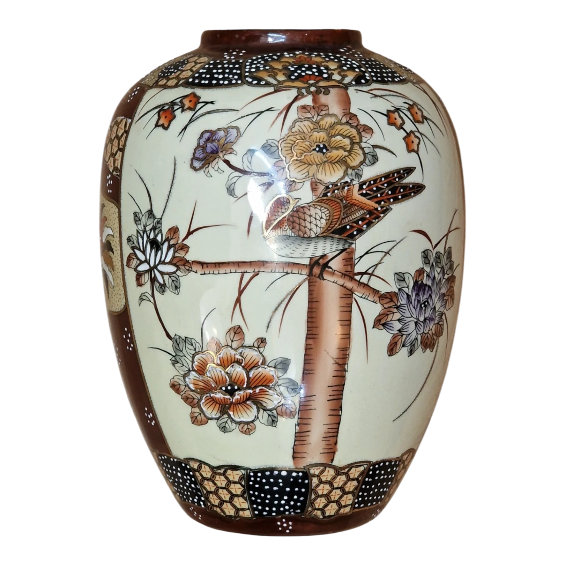 Jarra Japonesa Estilo Satsuma Pintada à Mão com Ave e Flores – 26 cm, 1,890 kg
