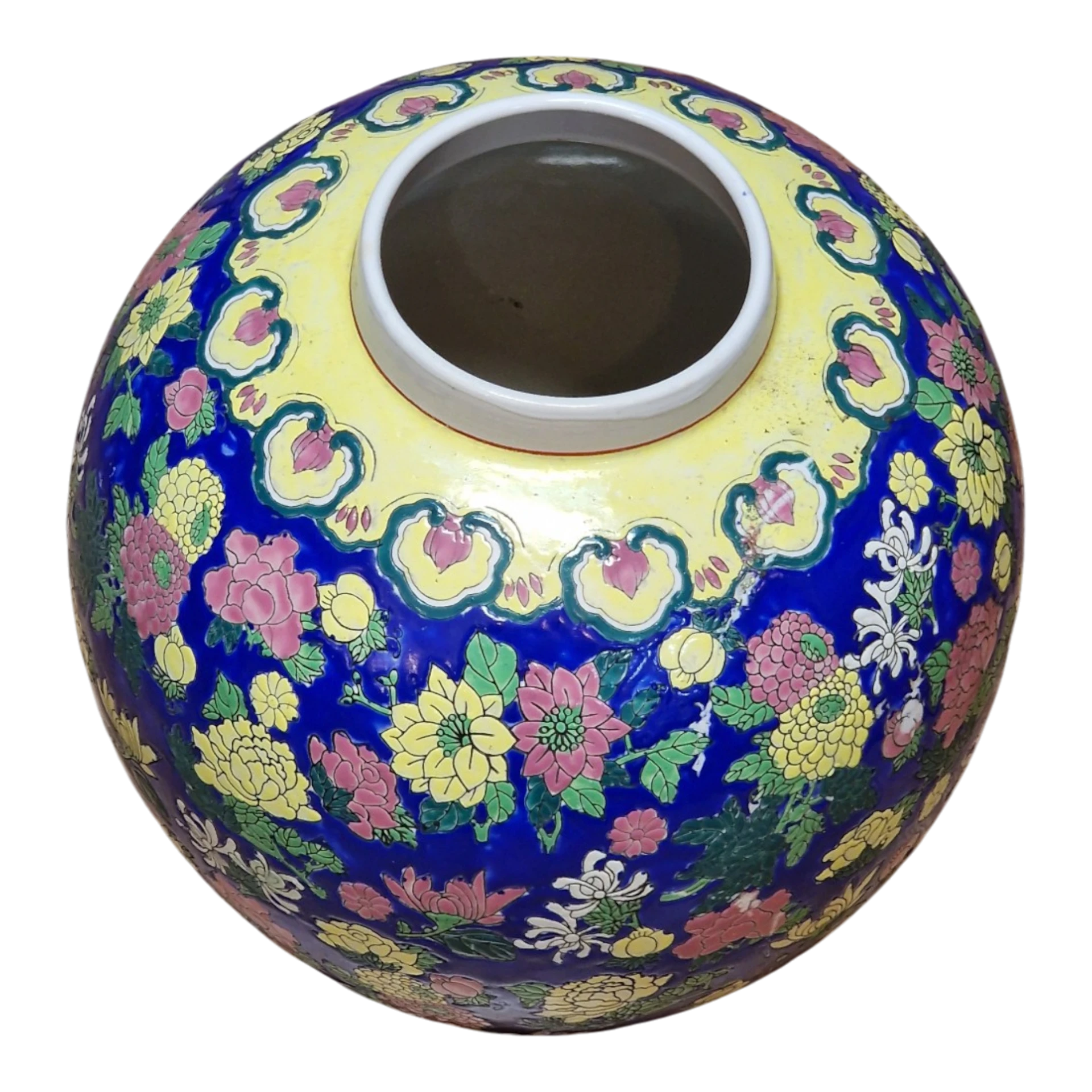 Jarrão Oriental Tipo Ginger Jar em Porcelana Azul Cobalto com Flores em Relevo – 28 cm – 3,070 kg