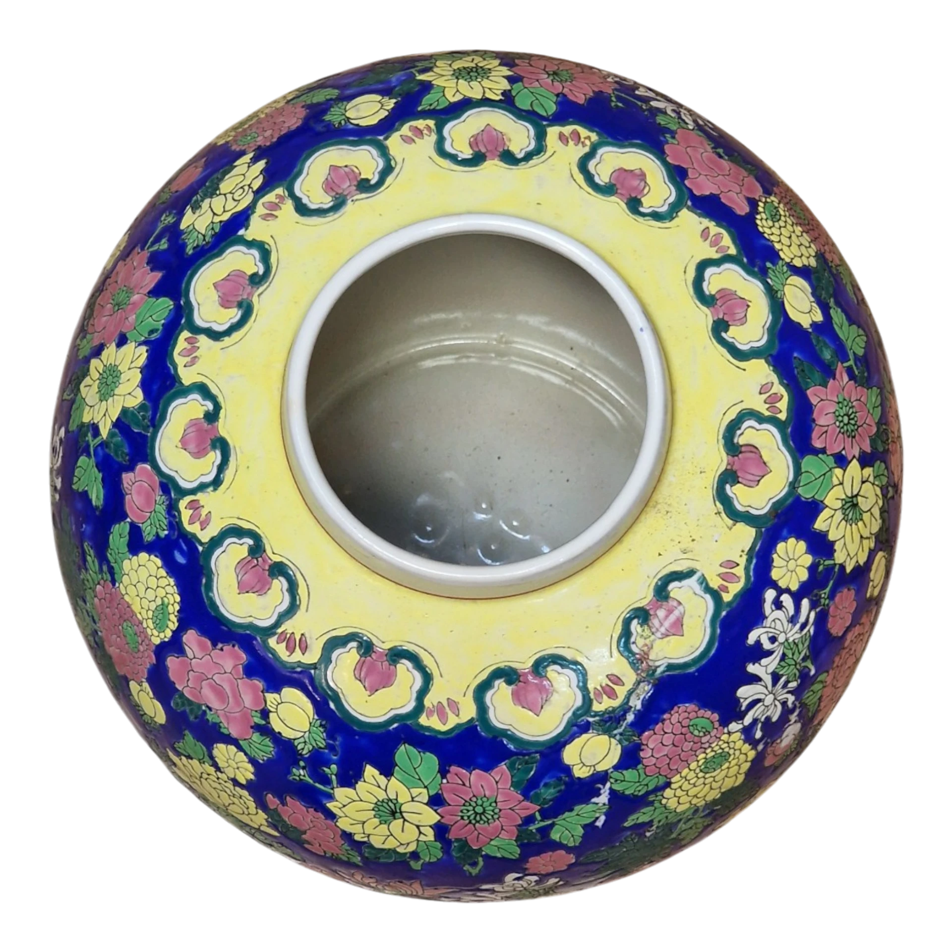 Jarrão Oriental Tipo Ginger Jar em Porcelana Azul Cobalto com Flores em Relevo – 28 cm – 3,070 kg