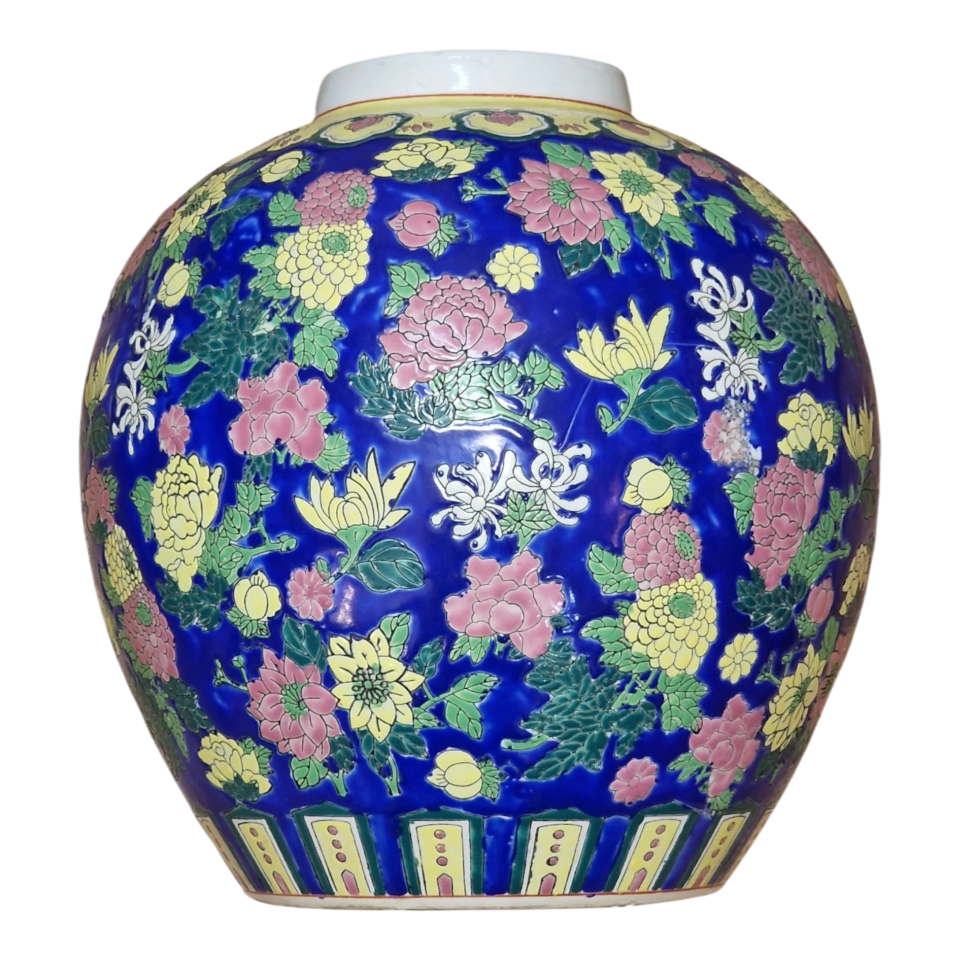 Jarrão Oriental Tipo Ginger Jar em Porcelana Azul Cobalto com Flores em Relevo – 28 cm – 3,070 kg