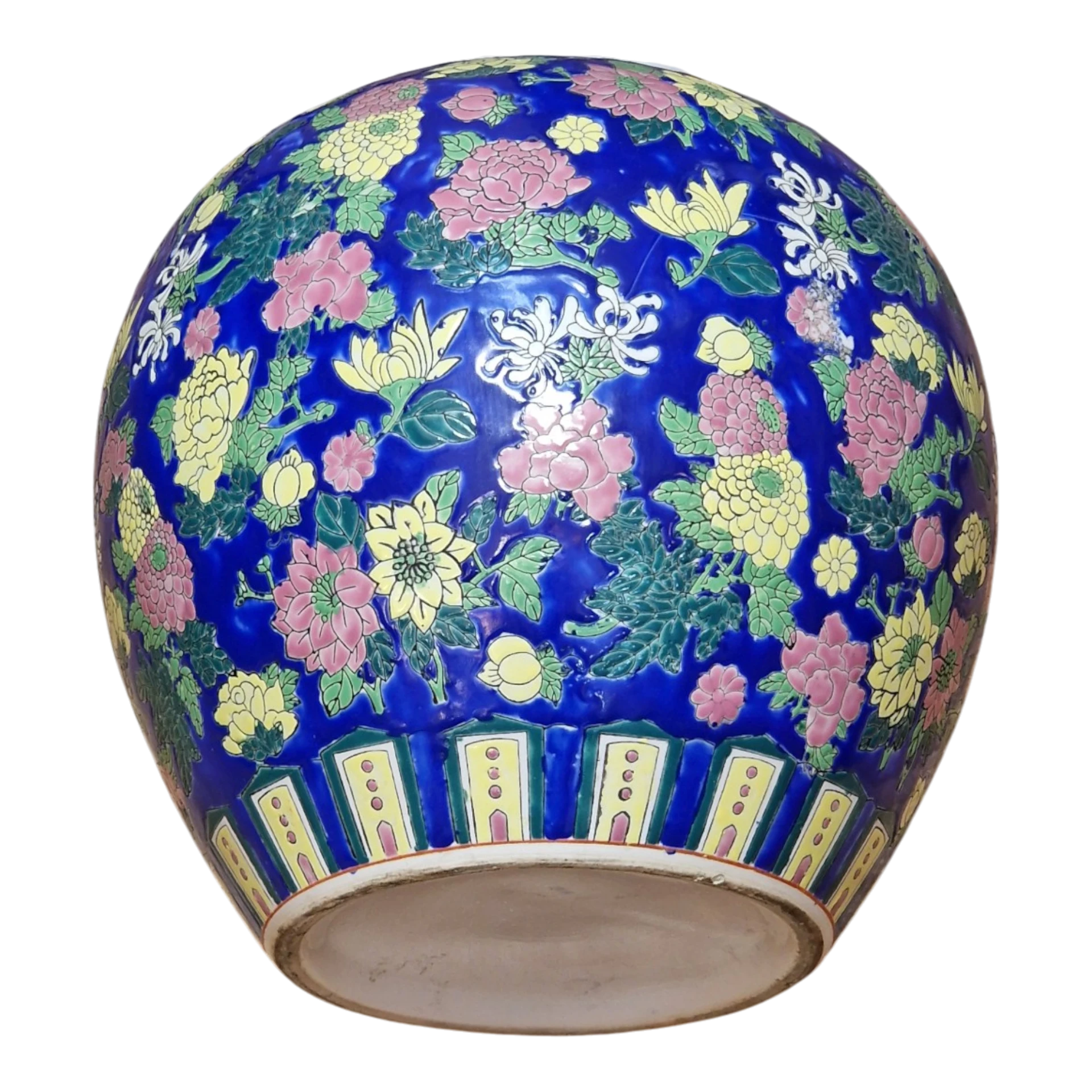Jarrão Oriental Tipo Ginger Jar em Porcelana Azul Cobalto com Flores em Relevo – 28 cm – 3,070 kg