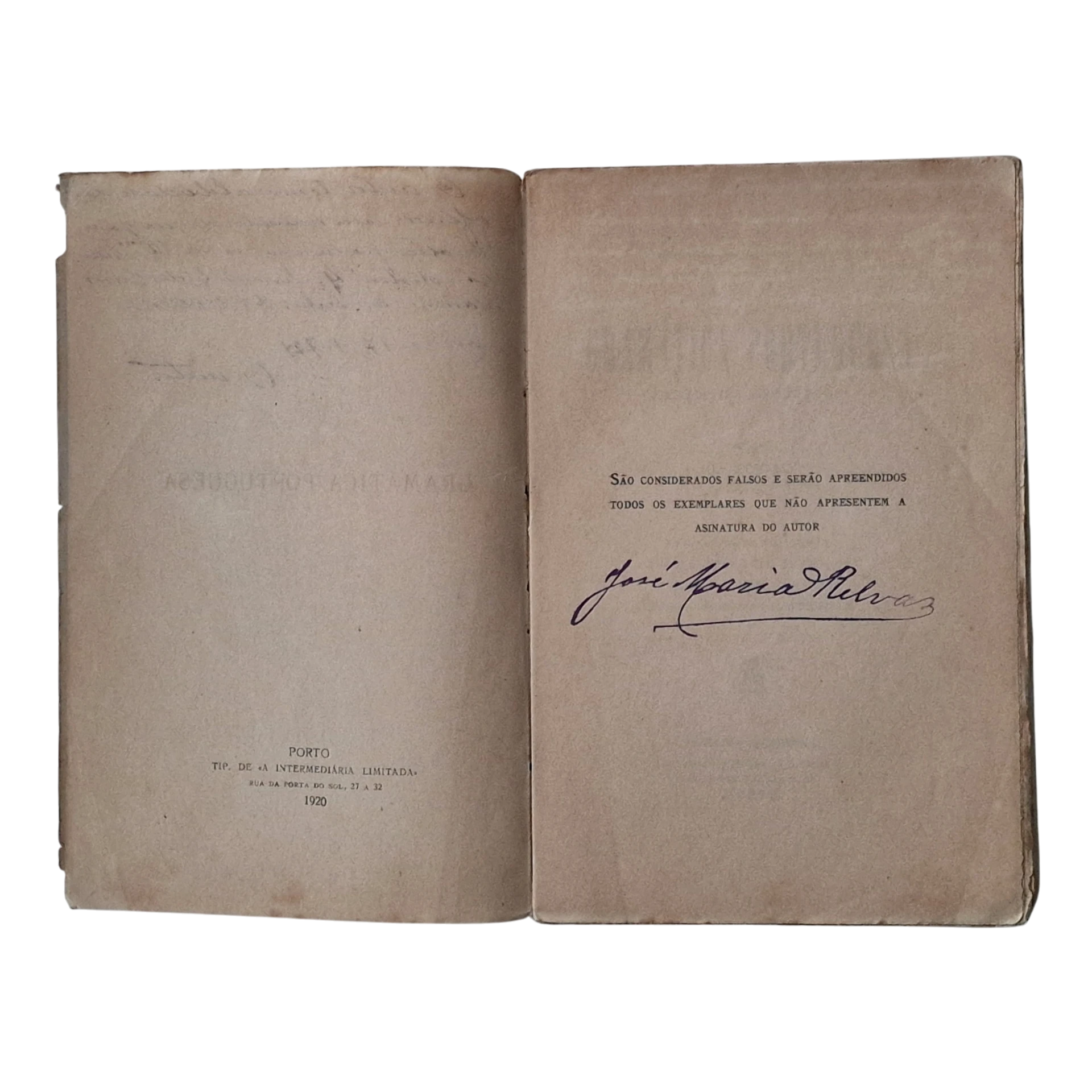 Gramática Portuguesa: Exercícios Graduados – José Maria Relvas - 10.ª Edição - 1920 - Assinado pelo Autor