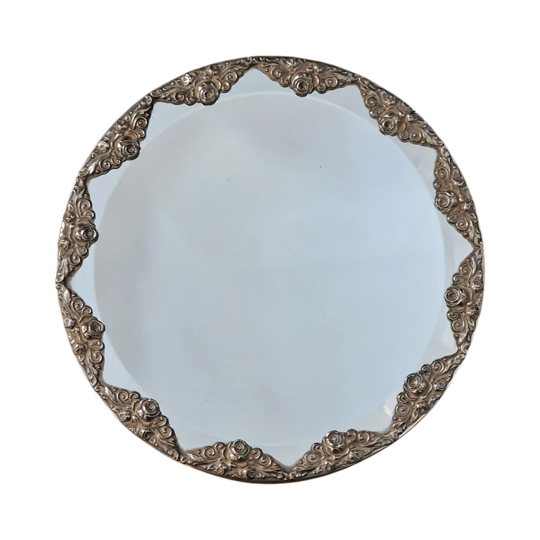 Espelho de Mesa Redondo Biselado com Moldura em Prata Portuguesa 833 – 24 cm