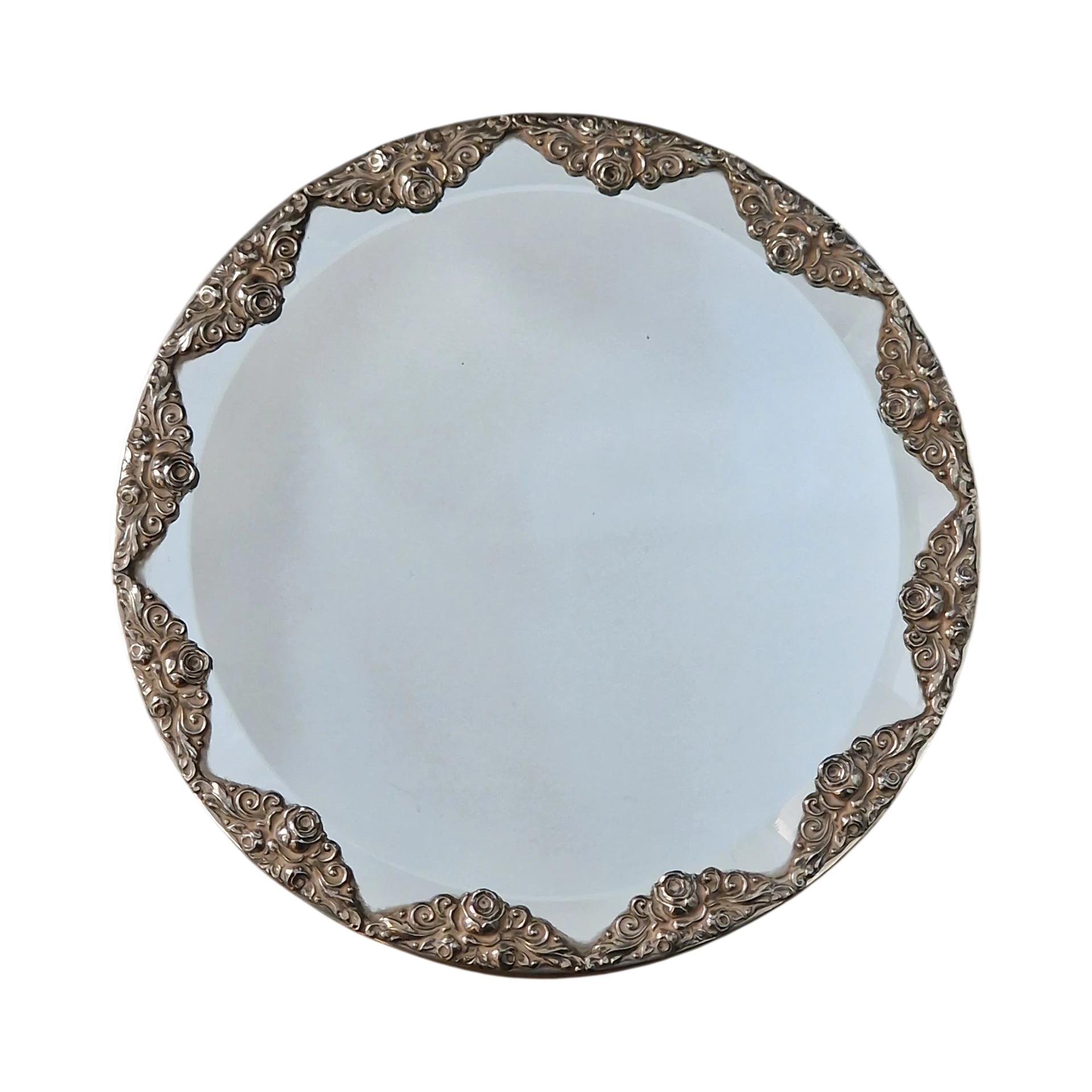 Espelho de Mesa Redondo Biselado com Moldura em Prata Portuguesa 833 - 24 cm