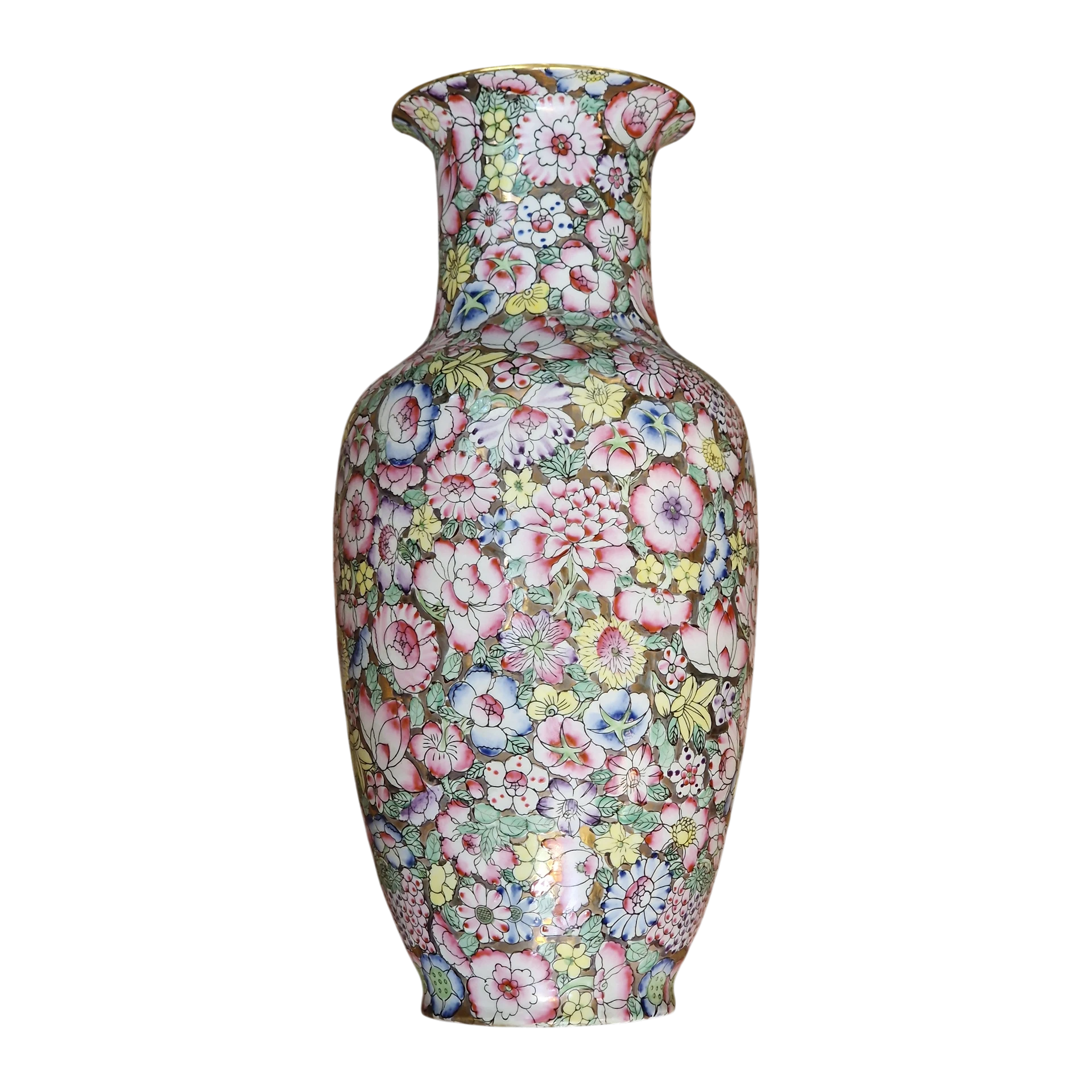 Jarrão em Porcelana de Macau Famille Rose Mil Flores com Pintura em Relevo - 46,5 cm