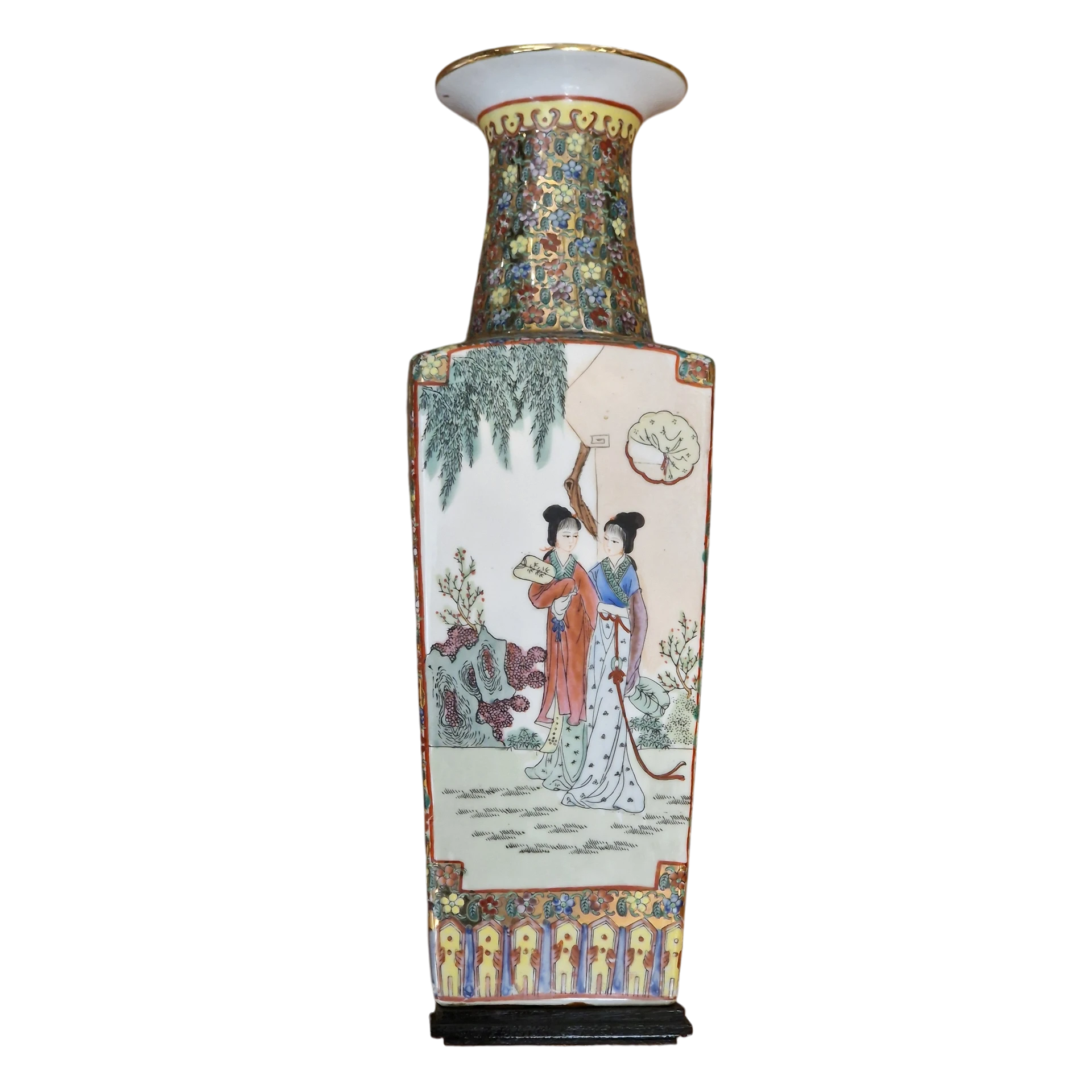 Jarrão Oriental em Porcelana Policromada com Base em Madeira - 47 cm
