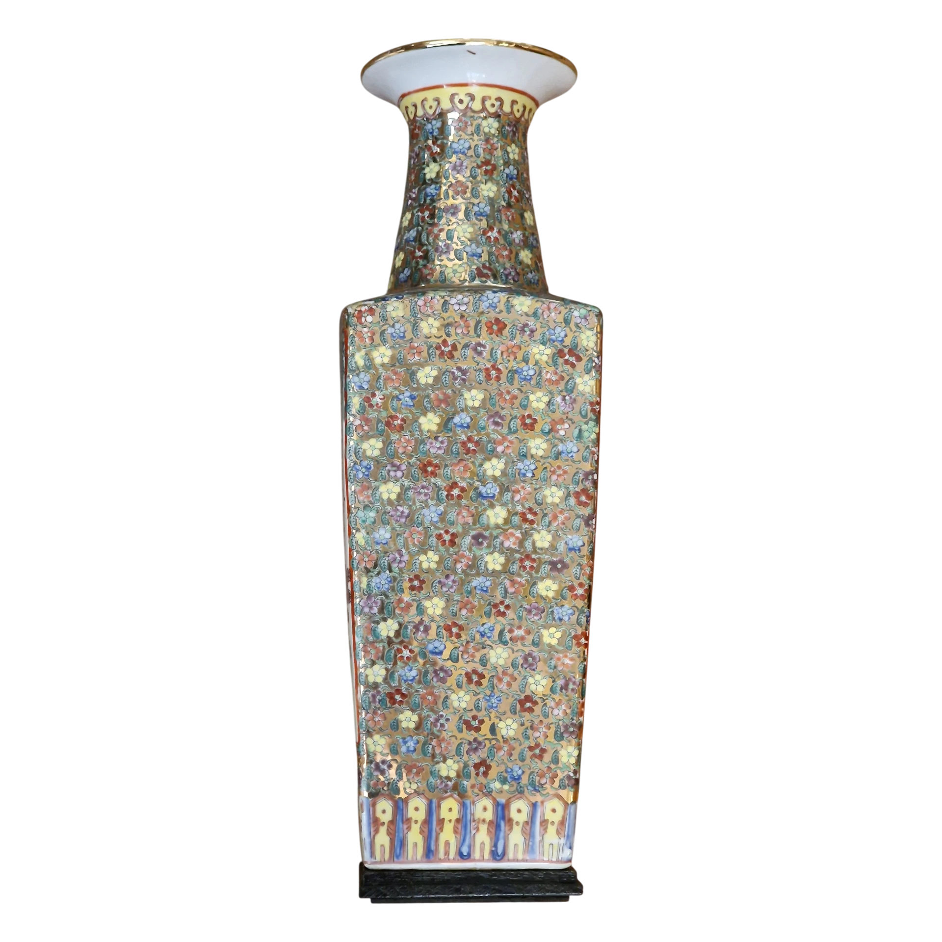 Jarrão Oriental em Porcelana Policromada com Base em Madeira - 47 cm