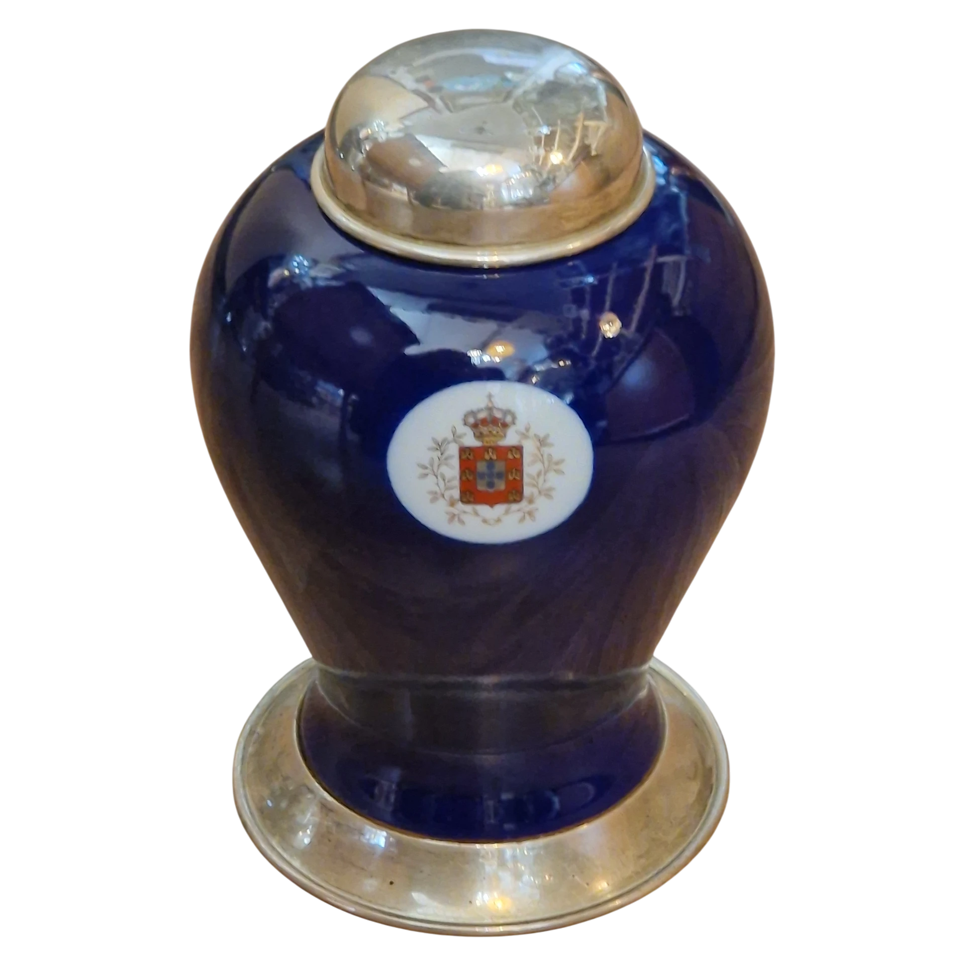 Pote Leitão & Irmão em Porcelana Azul-Cobalto com Base e Tampa em Prata 925 - Antigos Joalheiros da Coroa - 19 cm
